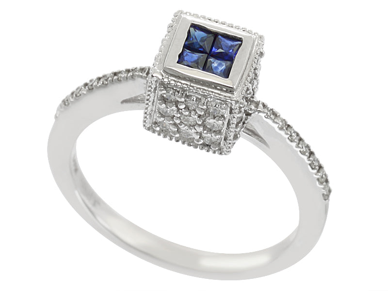 Effy Ring, 4 Princess Cut Sapphire 0.27 cttw, Round Diamond 0.49 cttw H-I SI2-I1,  14K White Gold 3.91g.