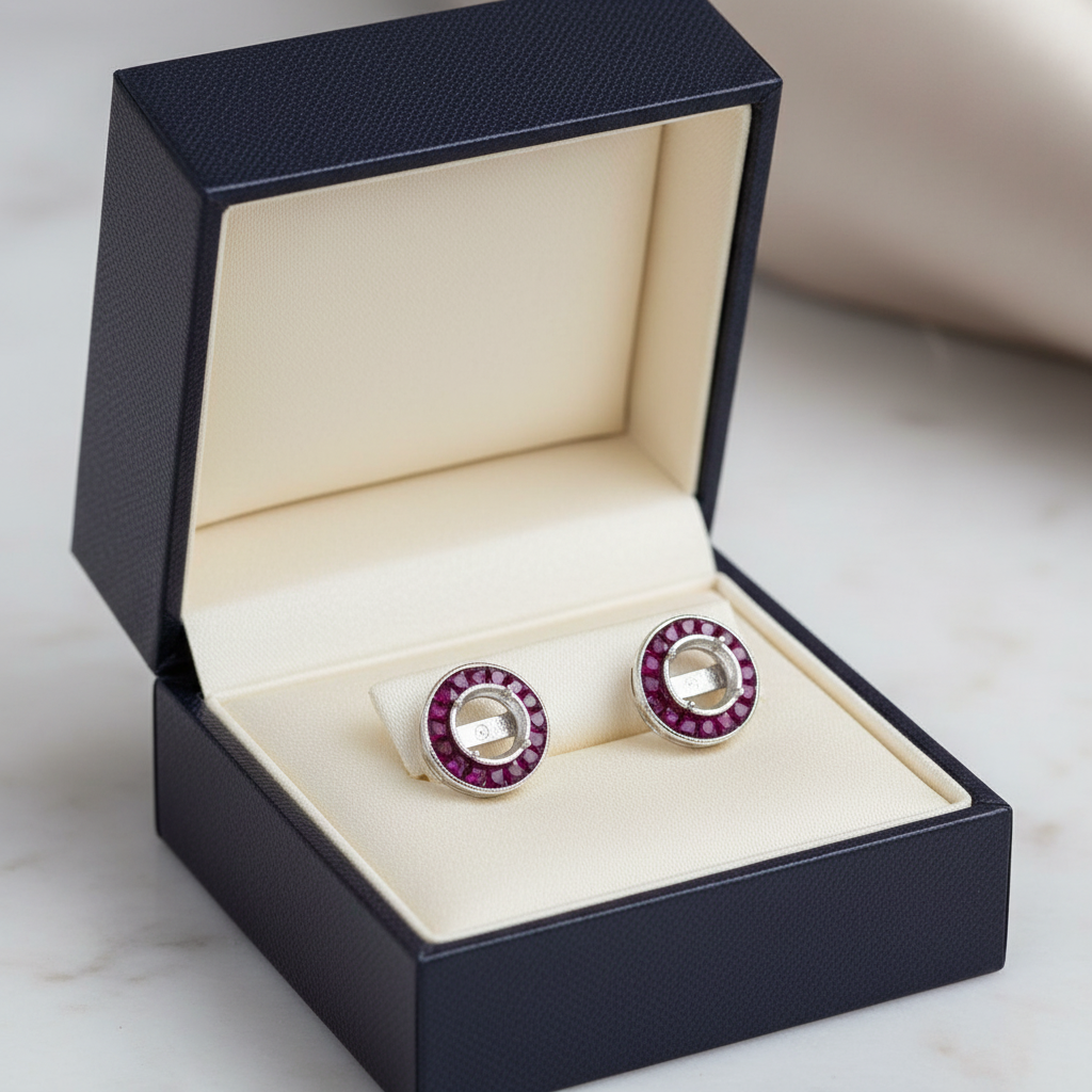 Semi Mount Earrings, 32 Ruby 1.40 cttw, 18K White Gold 2.74g
