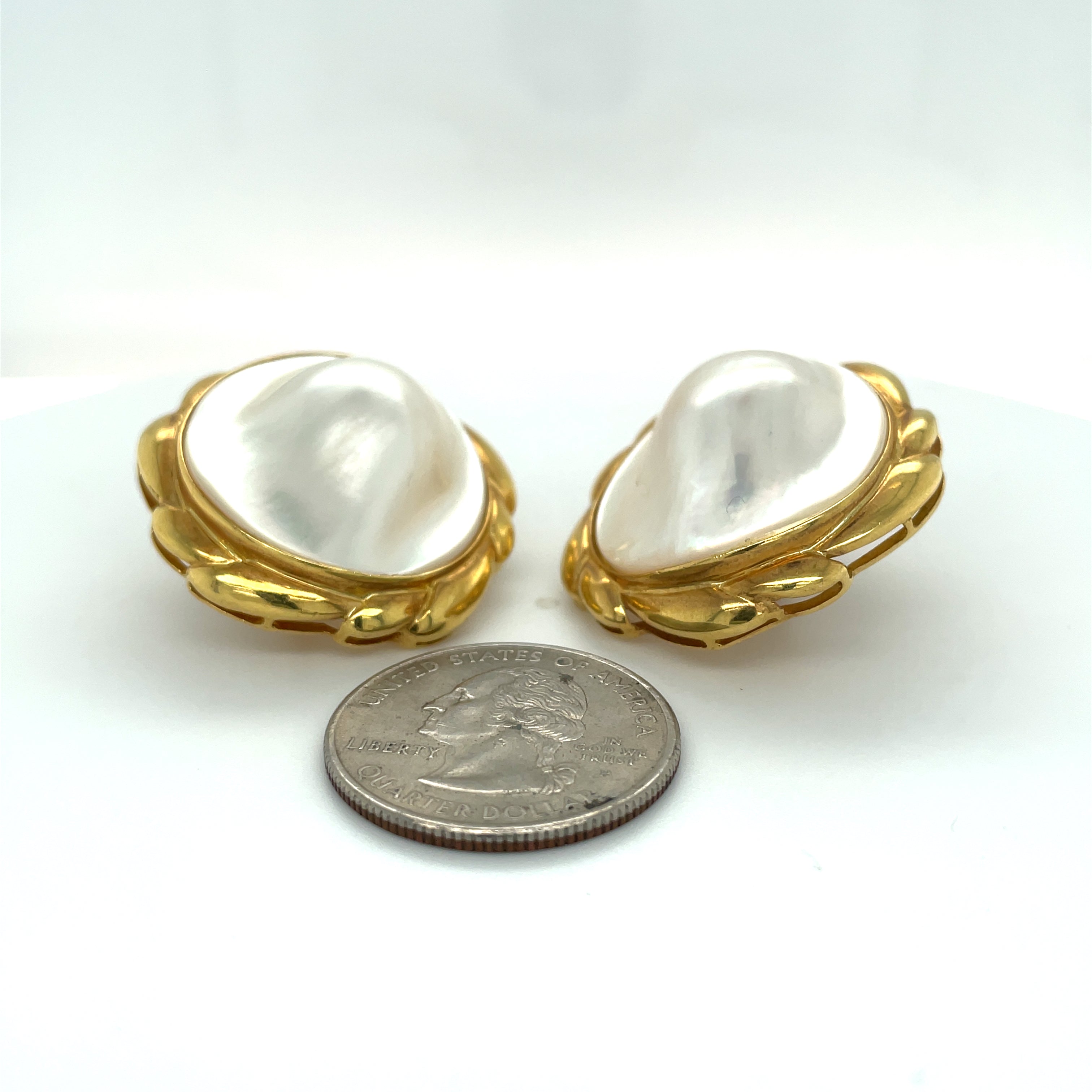Estate Earrings, Freeform Pearl, 18K Yellow Gold 14.00g