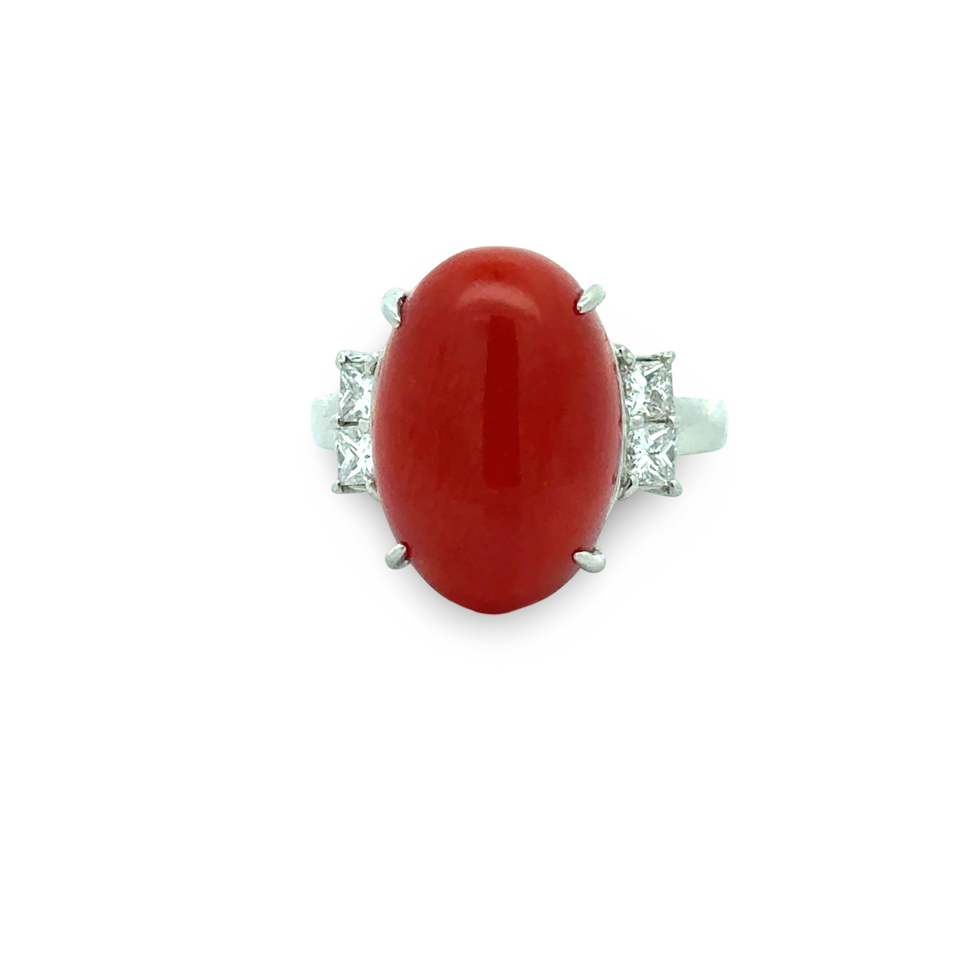 Estate Ring, 4 Princess Cut Diamond 0.47 ct  H-I SI1-SI2,1 Coral Cabochon 10.20 ct  Platinum 9.25g
