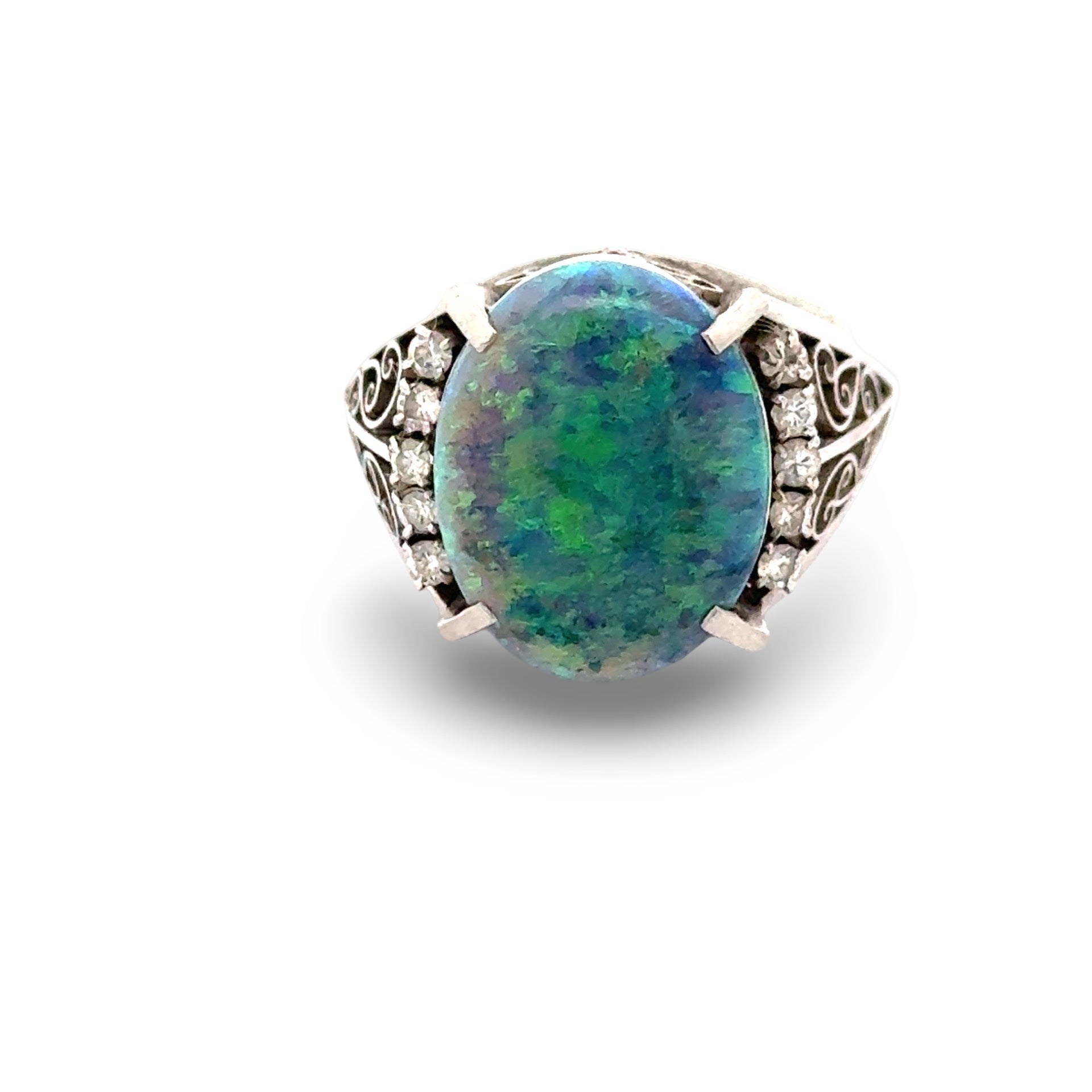 Estate Ring, 10 Round Brilliant Cut Diamond 0.15 ct  H-I VS1-SI2,1 Black Opal Cabochon 4.24 ct  BLACK Platinum 9.78g