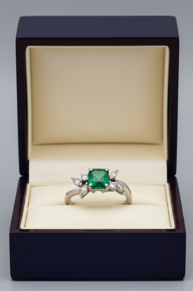 Sena Ring, 6 Mixed Cut Diamond 0.50 ct  J-L VS1-SI2,1 Emerald Princess Cut 1.20 ct  Platinum 5.48g