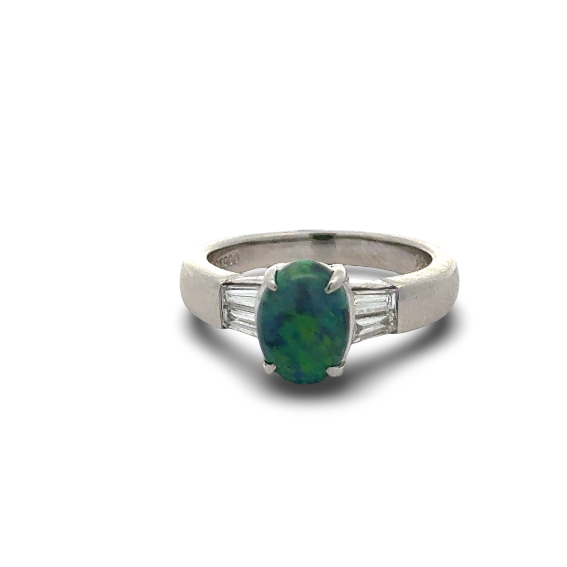 Estate Ring, 4 Baguette Cut Diamond 0.38 ct  H-I VS1-VS2,1 Black Opal Cabochon 1.30 ct  BLACK Platinum 7.17g