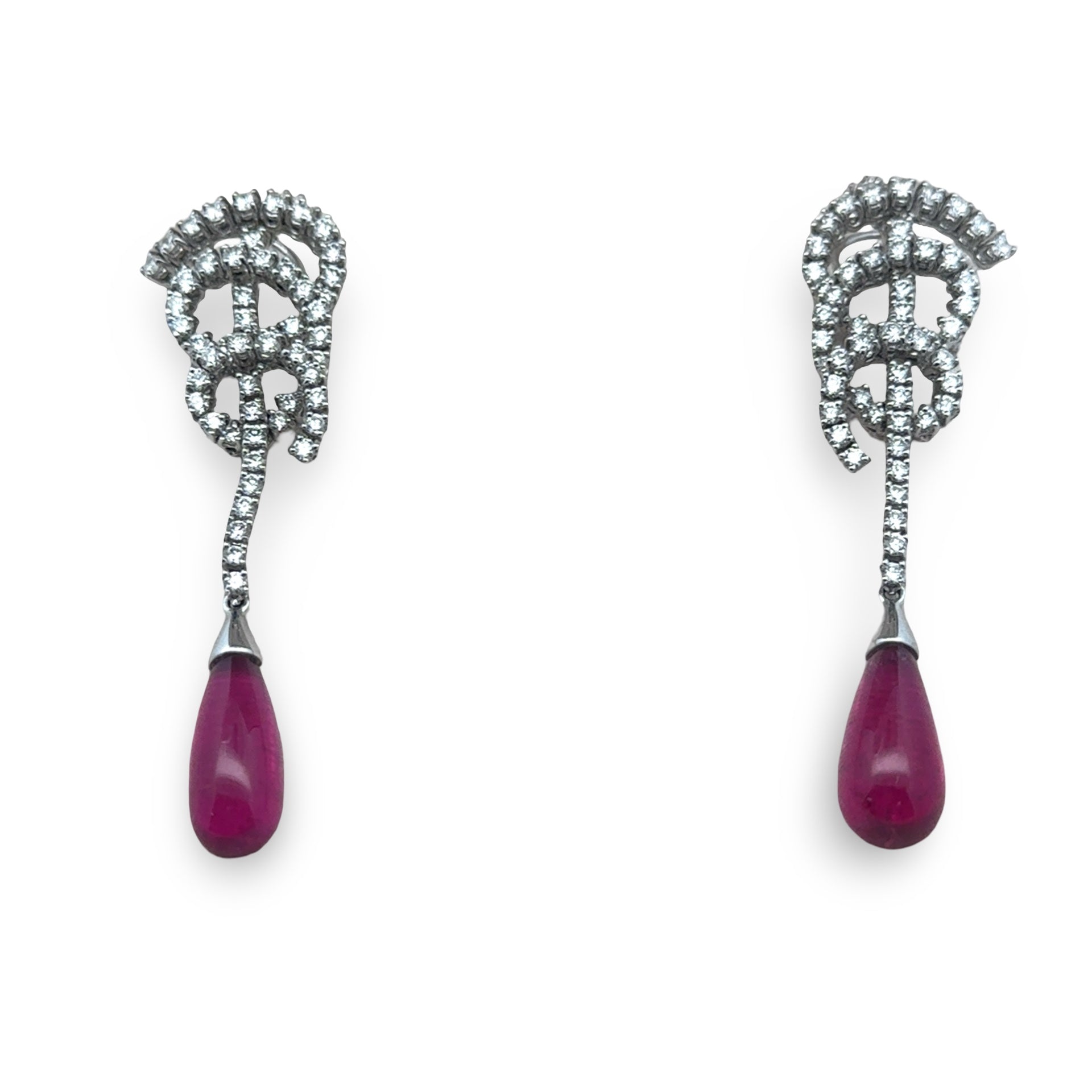 Bergio Earrings, 112 Round Brilliant Cut Diamond 4.27 ct  G-H VS1-VS2,2 Rubellite Cabochon 5.40 ct  18K` White Gold