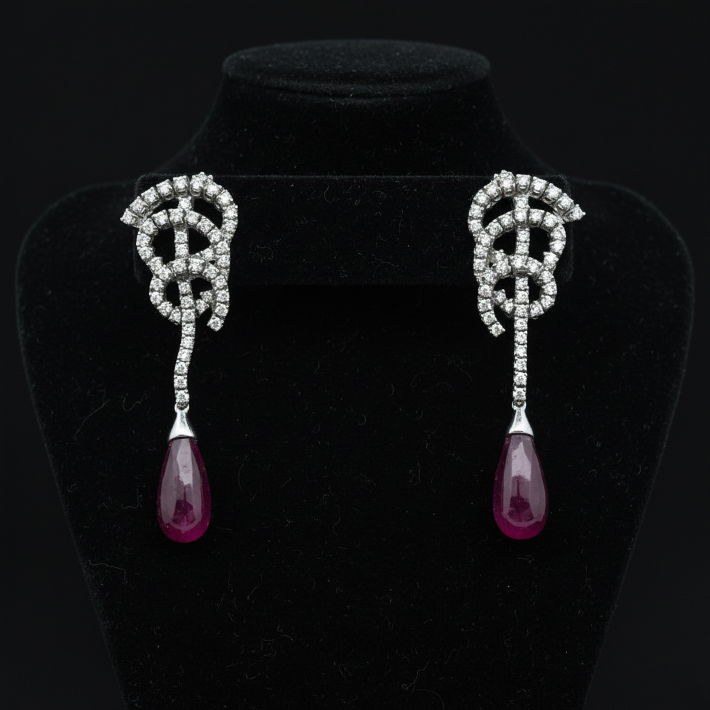 Bergio Earrings, 112 Round Brilliant Cut Diamond 4.27 ct  G-H VS1-VS2,2 Rubellite Cabochon 5.40 ct  18K` White Gold