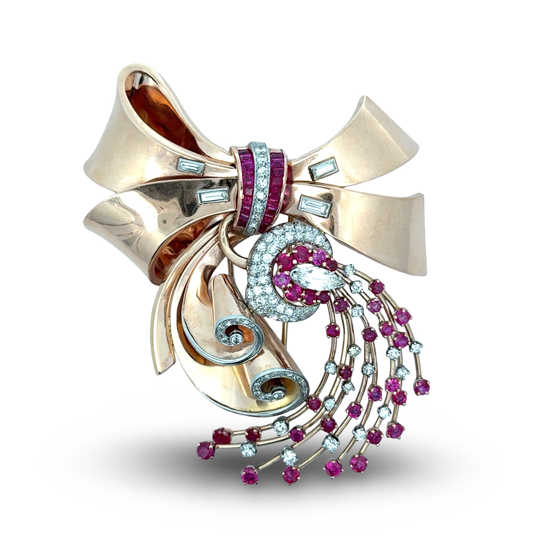 Estate Brooch/Pendant, 1 Marquise Cut Diamond 1.65ct  K-VS2, Round/Baguette Cut Diamonds 4.05ctttw  H-L VS2-SI1, Ruby French Cut 5.00ct  Red-Dark Pink, 14K Rose Gold 55.12g