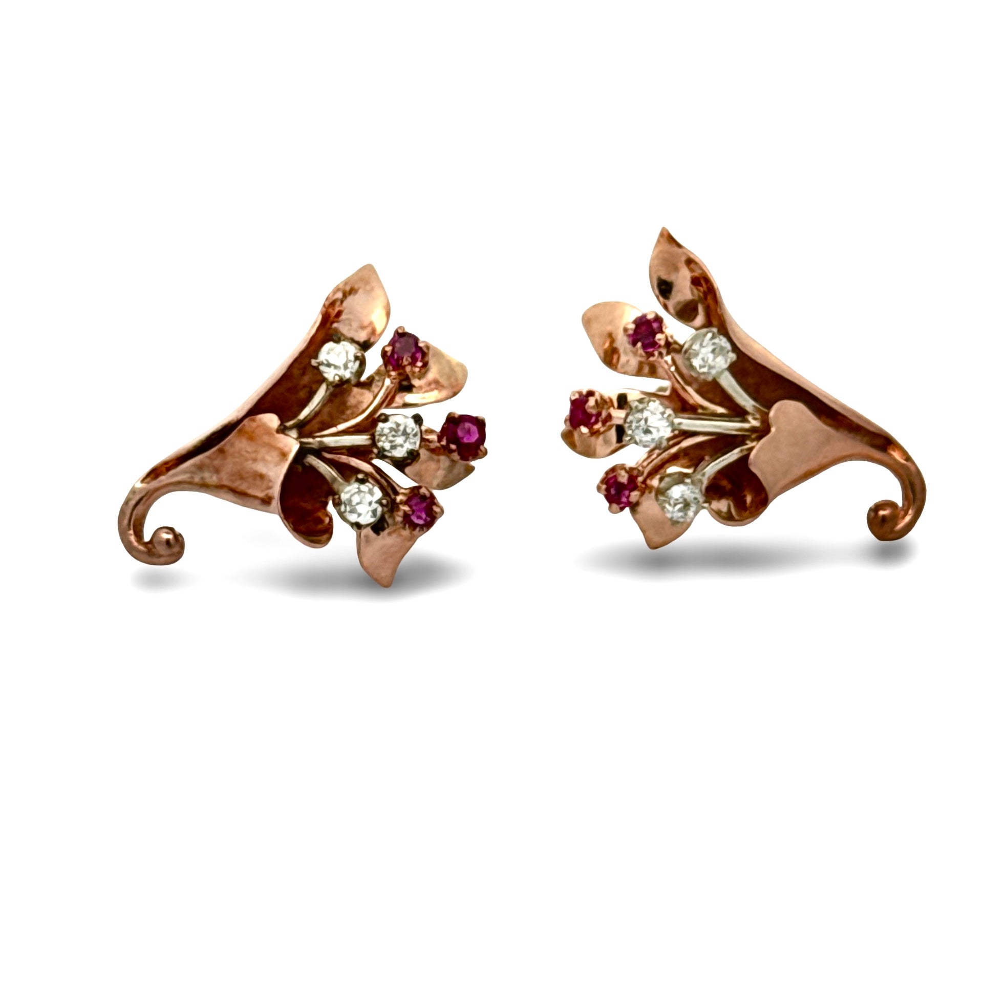 Estate Earrings, 6 Old European Cut Diamond 0.70 ct  G-H VS2-SI1,56 Ruby 0.45 ct  14K White/Rose Gold 9.76g