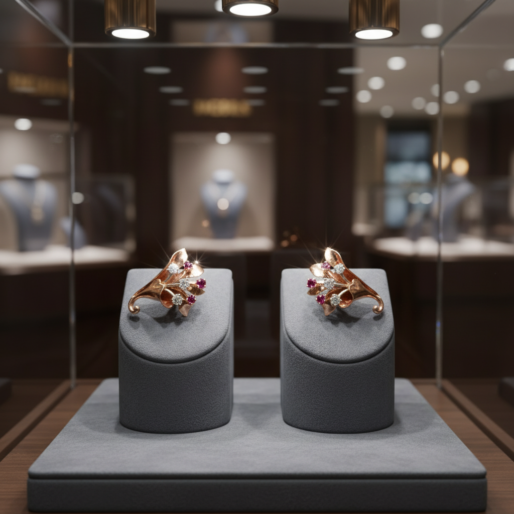 Estate Earrings, 6 Old European Cut Diamond 0.70 ct  G-H VS2-SI1,56 Ruby 0.45 ct  14K White/Rose Gold 9.76g