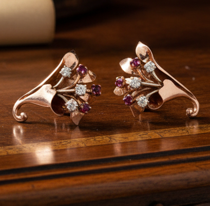 Estate Earrings, 6 Old European Cut Diamond 0.70 ct  G-H VS2-SI1,56 Ruby 0.45 ct  14K White/Rose Gold 9.76g
