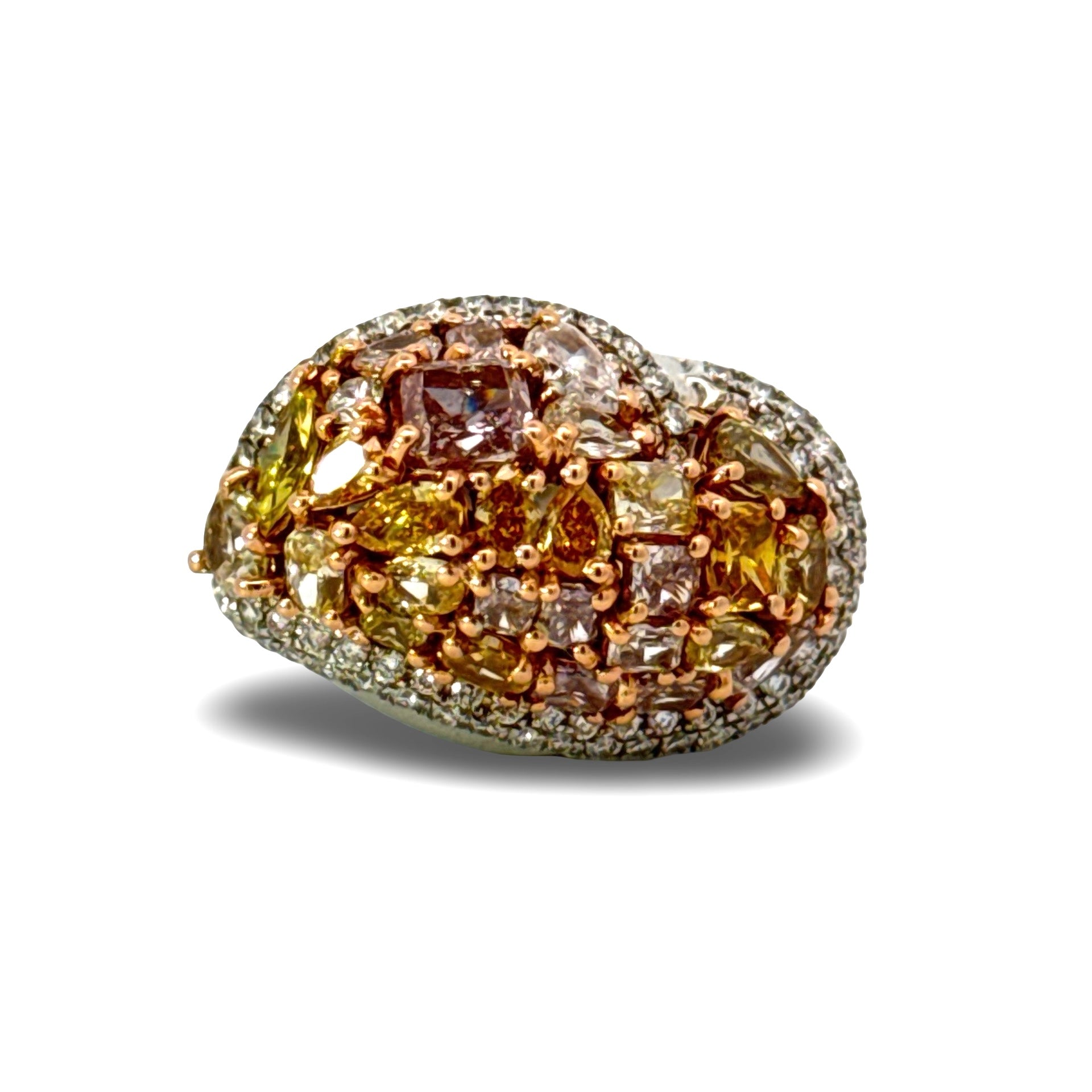 Estate Ring, Mixed Cut Diamonds 3.37cttw Natural Fancy Yellow/Pink/White VS2-SI1, 18K White Gold 7.97g. Weights are estimated.
