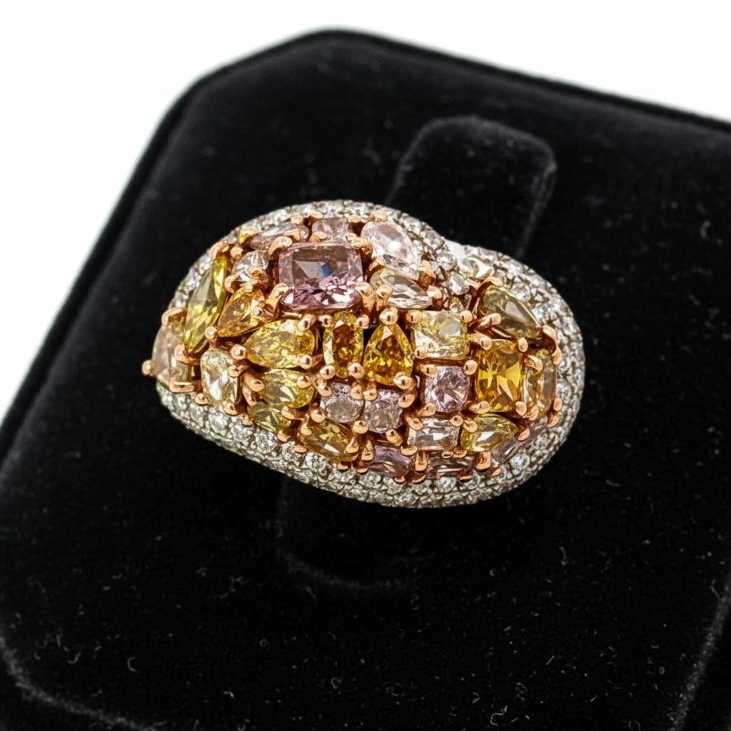 Estate Ring, Mixed Cut Diamonds 3.37cttw Natural Fancy Yellow/Pink/White VS2-SI1, 18K White Gold 7.97g. Weights are estimated.