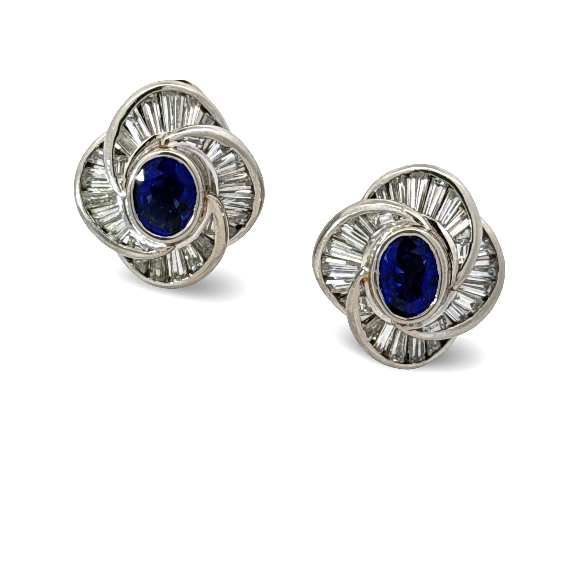 Estate Earrings, Baguette Cut Diamonds 4.13cttw G-H VS1-VS2, 2 Sapphire Oval 2.74cttw No Heat, Platinum 0 17.12g. Weights are estimated.