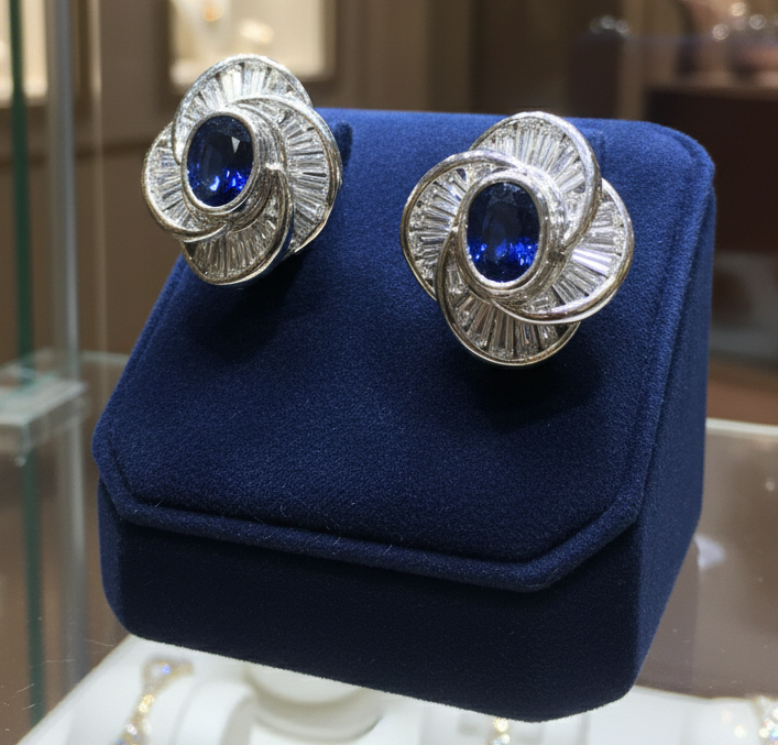 Estate Earrings, Baguette Cut Diamonds 4.13cttw G-H VS1-VS2, 2 Sapphire Oval 2.74cttw No Heat, Platinum 0 17.12g. Weights are estimated.