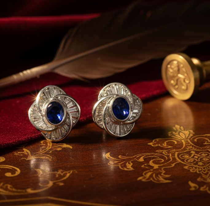 Estate Earrings, Baguette Cut Diamonds 4.13cttw G-H VS1-VS2, 2 Sapphire Oval 2.74cttw No Heat, Platinum 0 17.12g. Weights are estimated.