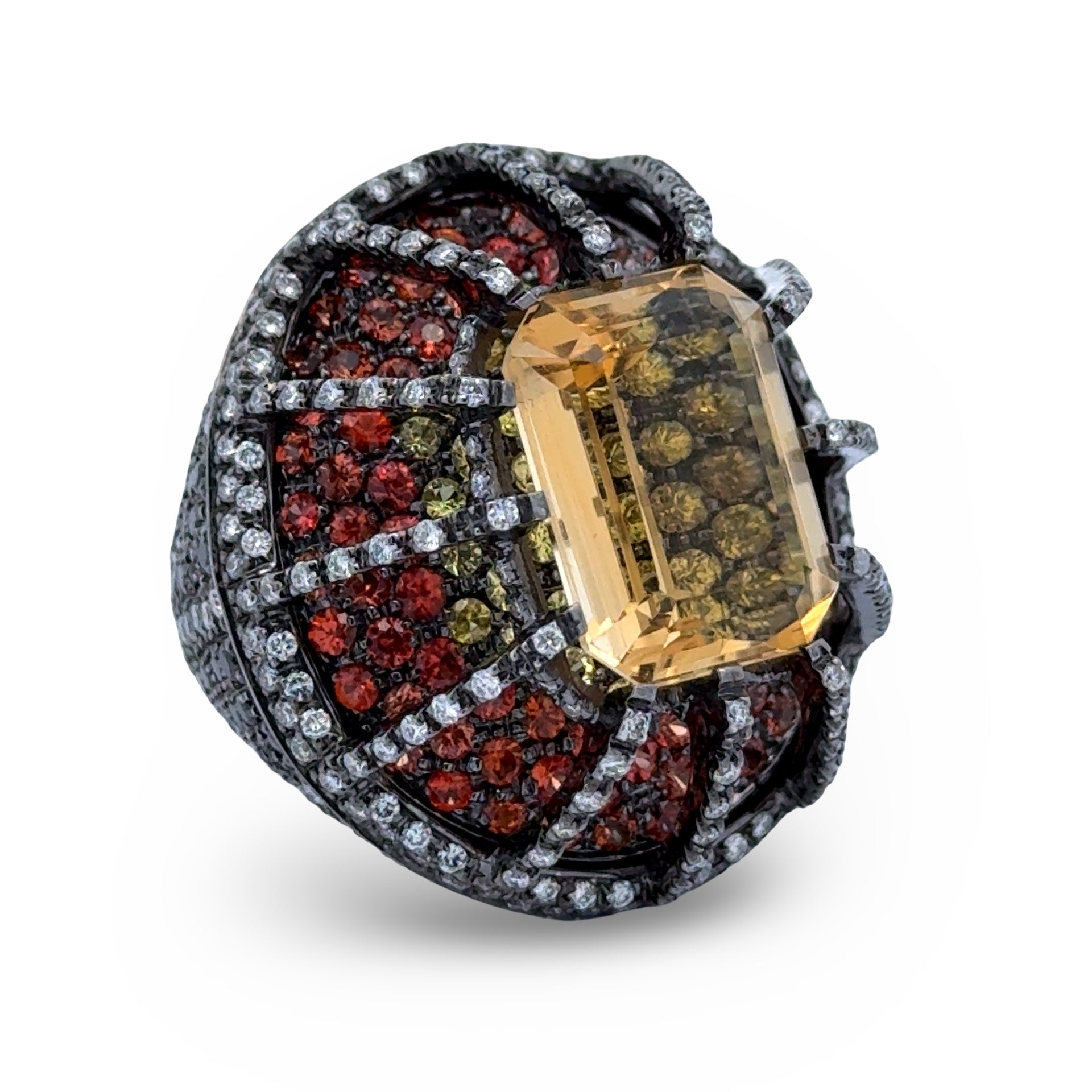 Estate Ring, 1 Citrine Emerald Cut 5.50 ct  #Estimated Weight, RBC Orange Sapphire 7.00 cttw, Black Round Brilliant Cut Diamond 5.00 cttw, Round Brilliant Cut Diamond 3.50 cttw  G-H VS2-SI1, 18K White Gold 27.40g. Size 6