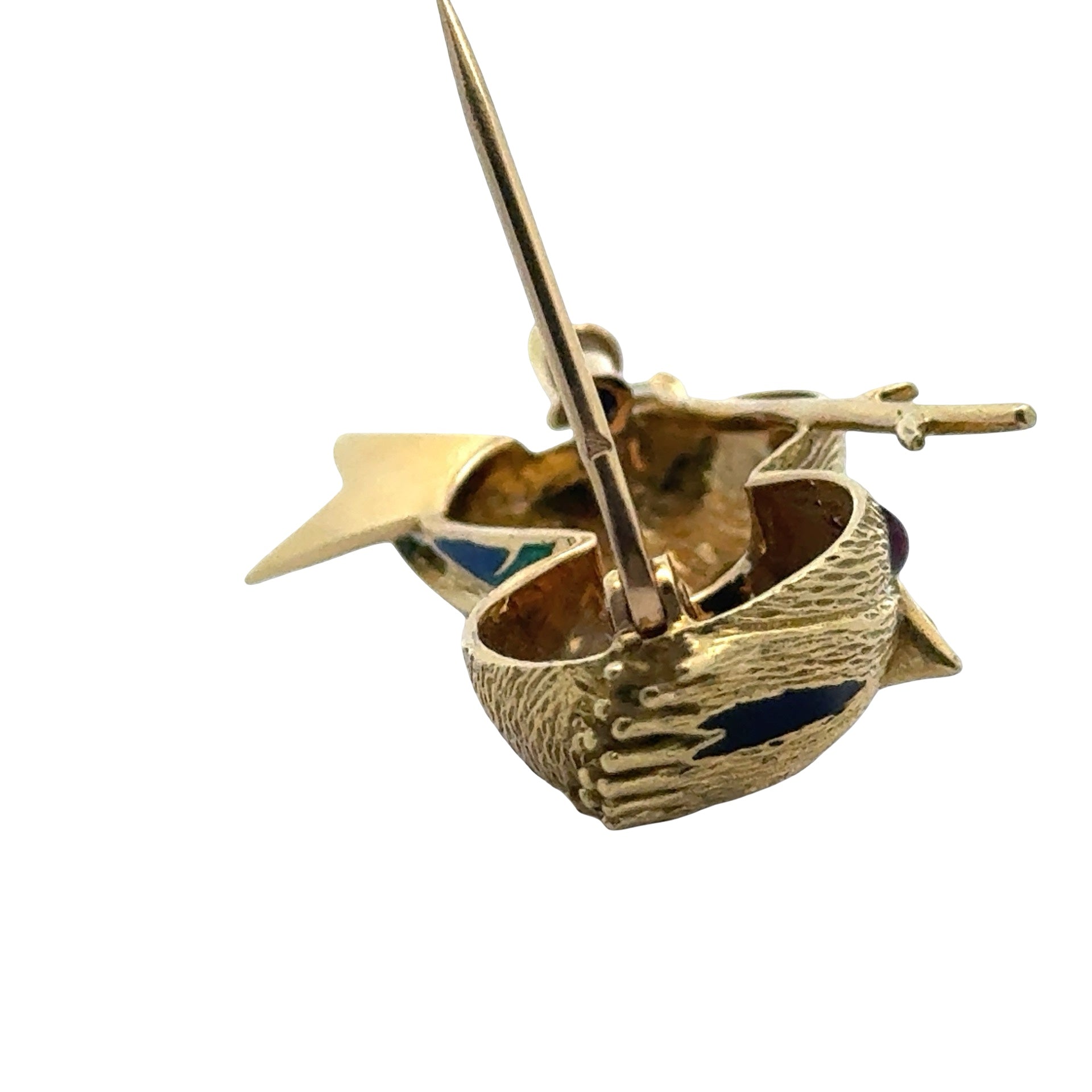Estate Osprey Brooch/Pendant,2 Garnet Cabochon 0.20 cttw.  Red, Enamel Green-Black Blue 18K Yellow Gold 10.52g