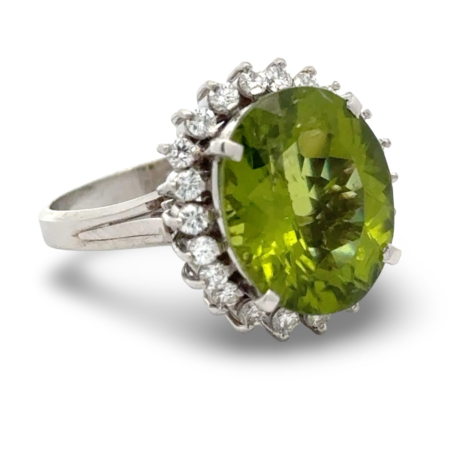Estate Halo Ring, 22 Round Brilliant Cut Diamond 0.52 ct  G-H SI1-SI2,1 Peridot Oval 7.10 ct  Platinum 7.99g