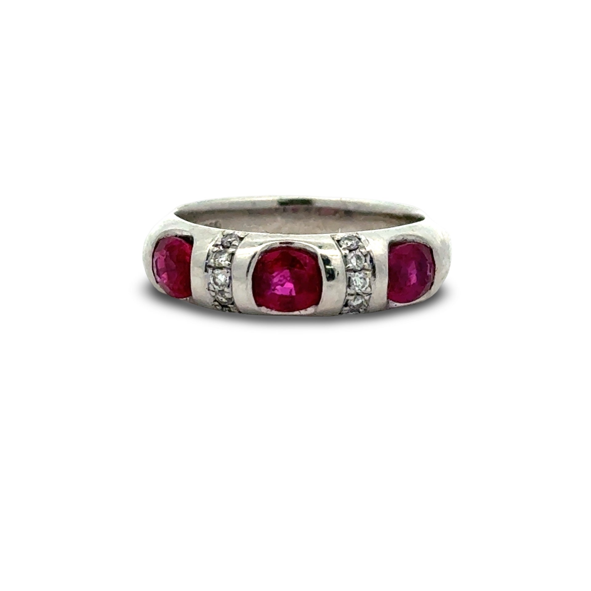 Estate Ring, 10 Round Brilliant Cut Diamond 0.10 ct  I-J SI1-SI2,3 Ruby Oval 1.25 ct  Platinum 6.42g