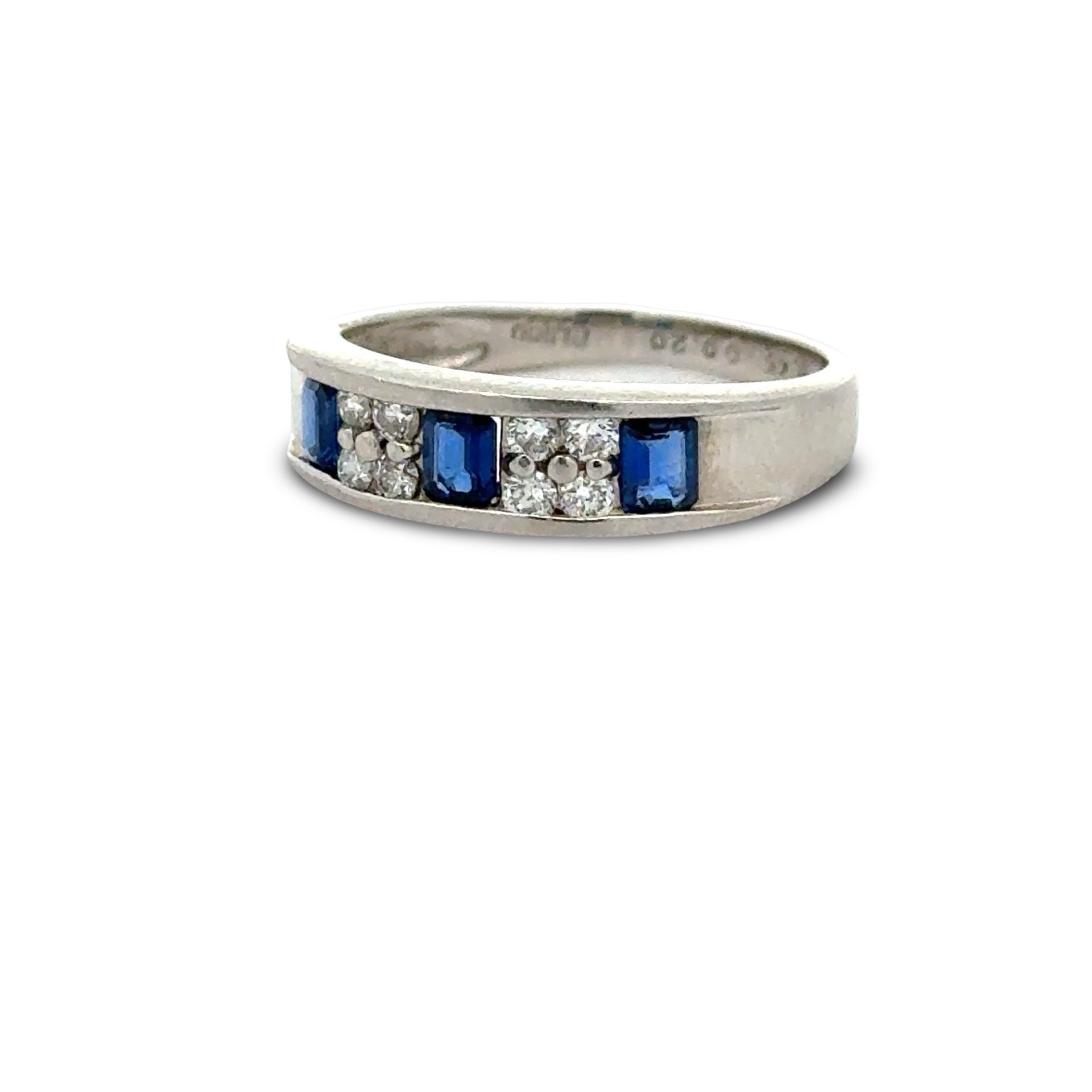 Estate Ring, 8 Round Brilliant Cut Diamond 0.20 ct  G-H SI1-SI2,3 Sapphire Emerald Cut 0.45 ct  Platinum 3.93g