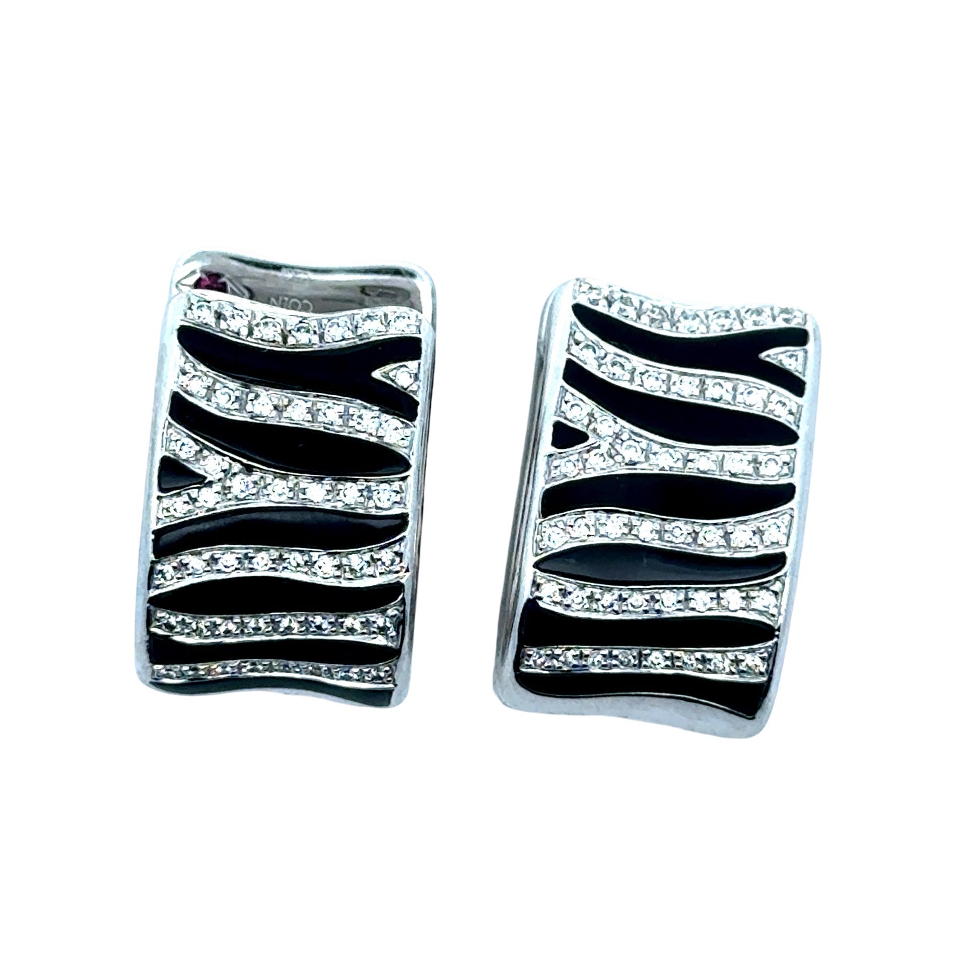 Estate - Roberto Coin Huggies Earrings, Round Brilliant Cut Diamond 0.96 cttw  G-H VS2-SI1, Black Enamel 18K White/Yellow Gold 26.97g
