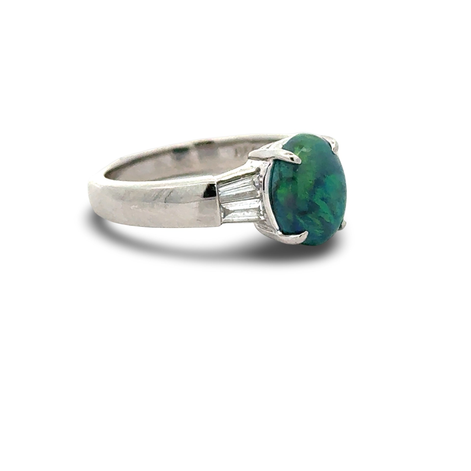 Estate Ring, 4 Baguette Cut Diamond 0.38 ct  H-I VS1-VS2,1 Black Opal Cabochon 1.30 ct  BLACK Platinum 7.17g