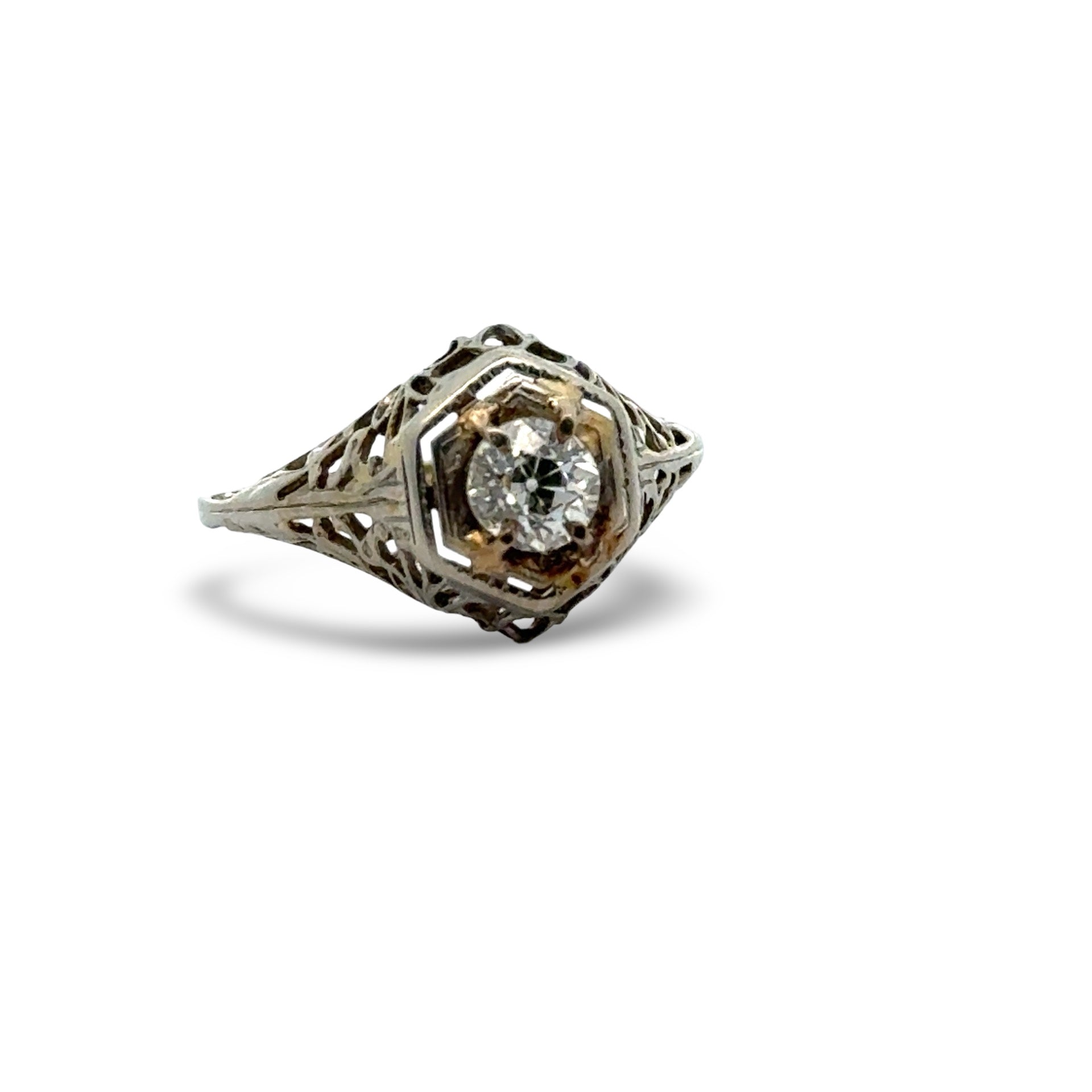 Art Deco Ring 1 Old European Cut Diamond 0.46ct.  M VS1 14K White Gold 1.84g GIA #2185360328