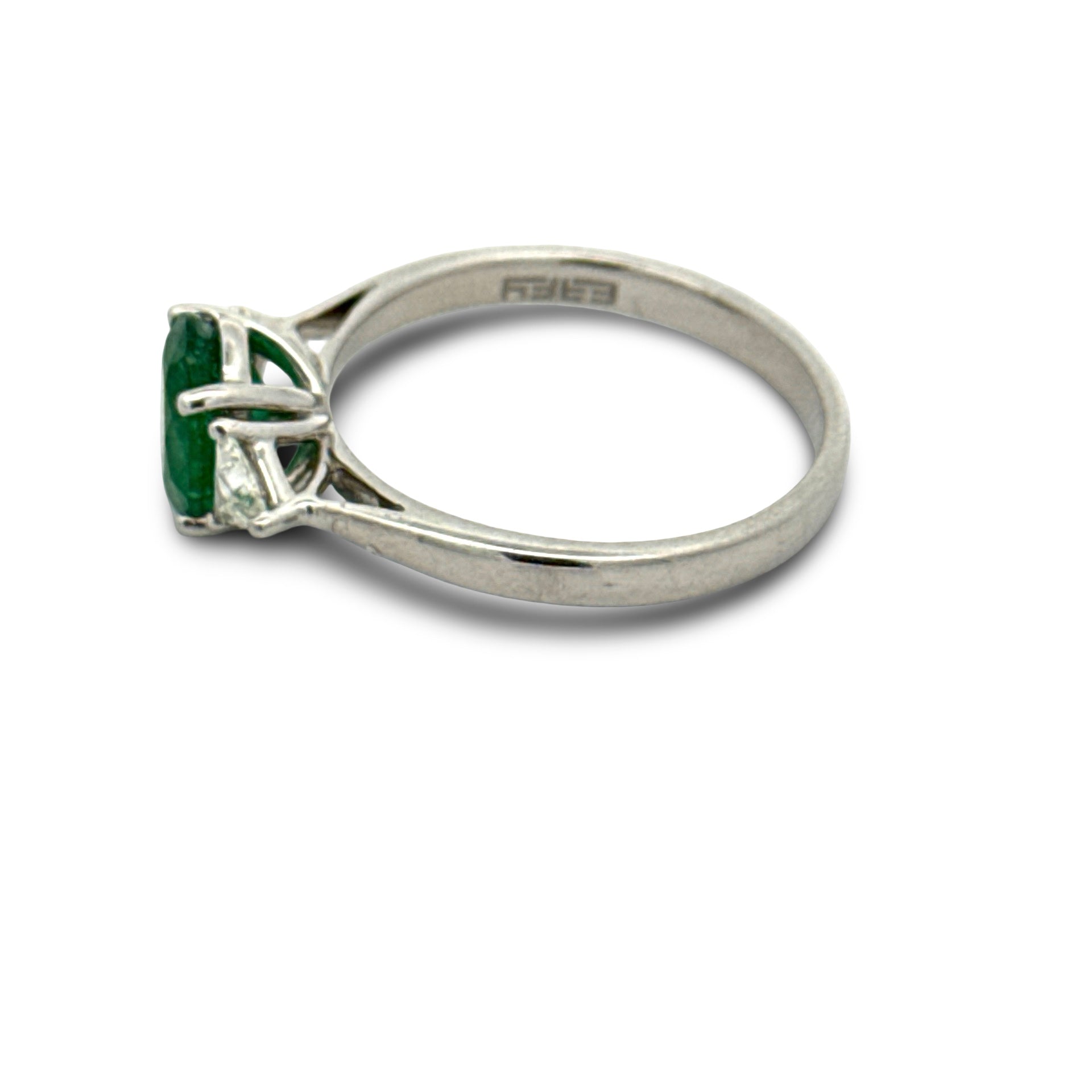 Effy 3 Stone Ring, 2 Trillion Cut Diamond 0.28 cttw H-I SI2-I1, 1 Oval Emerald 0.99 cttw, Platinum 4.68g