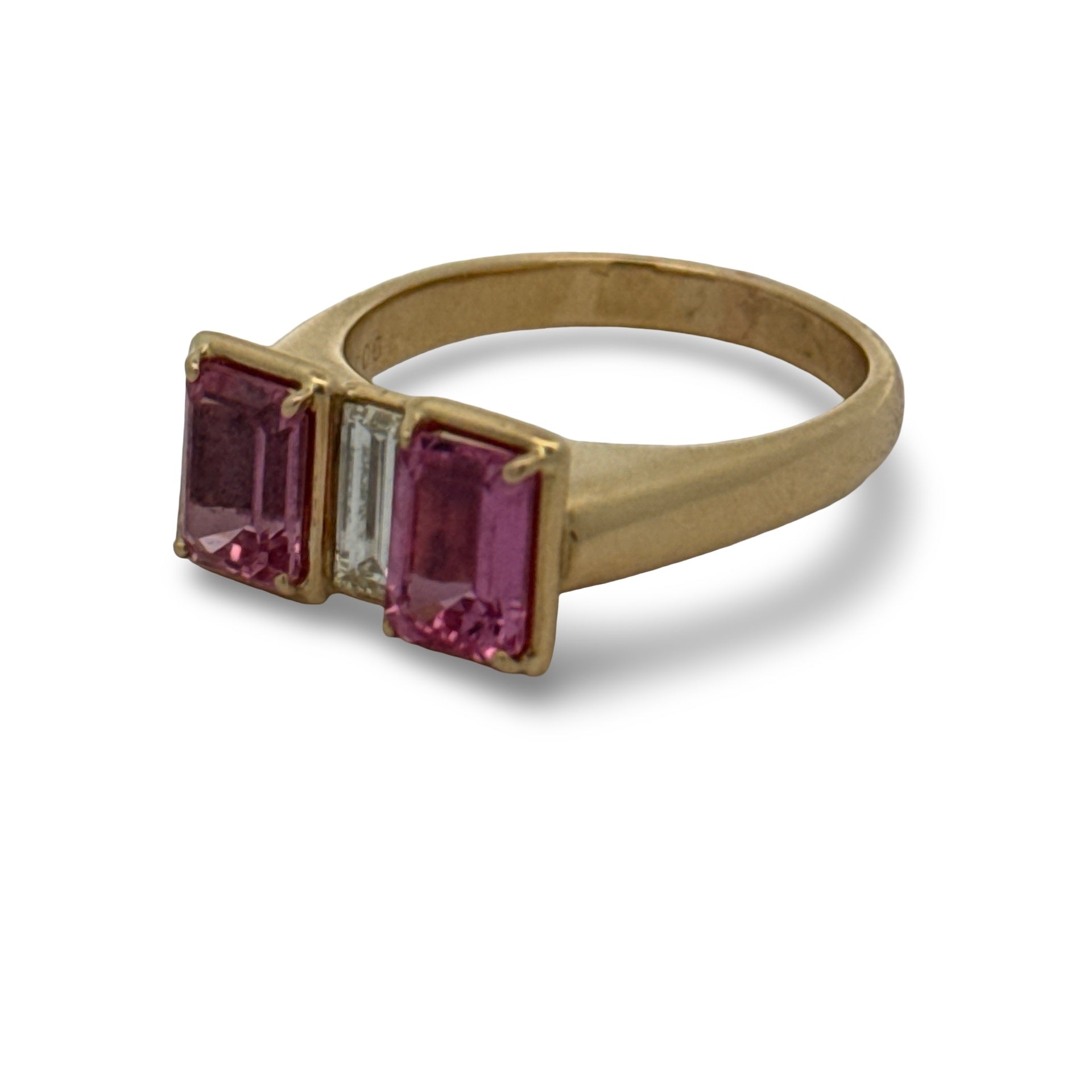 Estate Ring, 2 Emerald Cut Pink Sapphire 2.50 ct 1 Baguette Cut Diamond 0.35 ct  H-I VS2,18K Yellow Gold 8.60g. Size 7