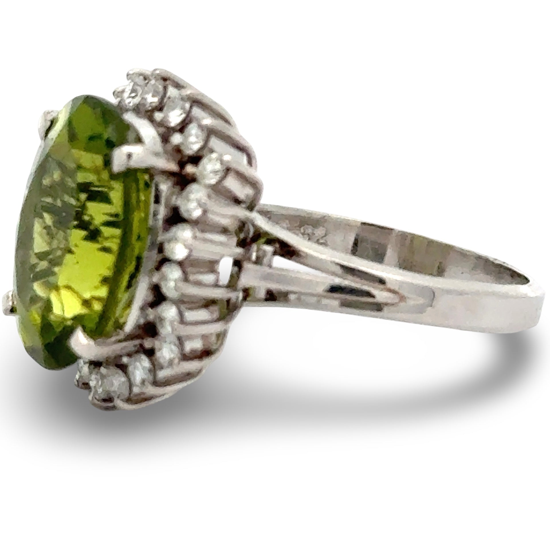 Estate Halo Ring, 22 Round Brilliant Cut Diamond 0.52 ct  G-H SI1-SI2,1 Peridot Oval 7.10 ct  Platinum 7.99g