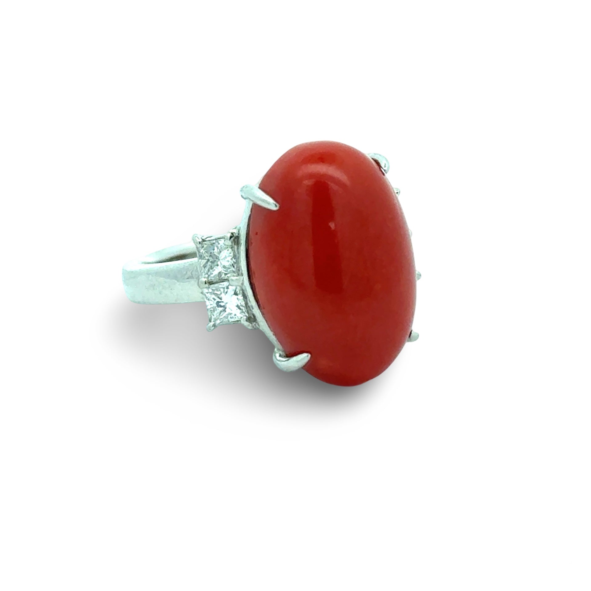 Estate Ring, 4 Princess Cut Diamond 0.47 ct  H-I SI1-SI2,1 Coral Cabochon 10.20 ct  Platinum 9.25g