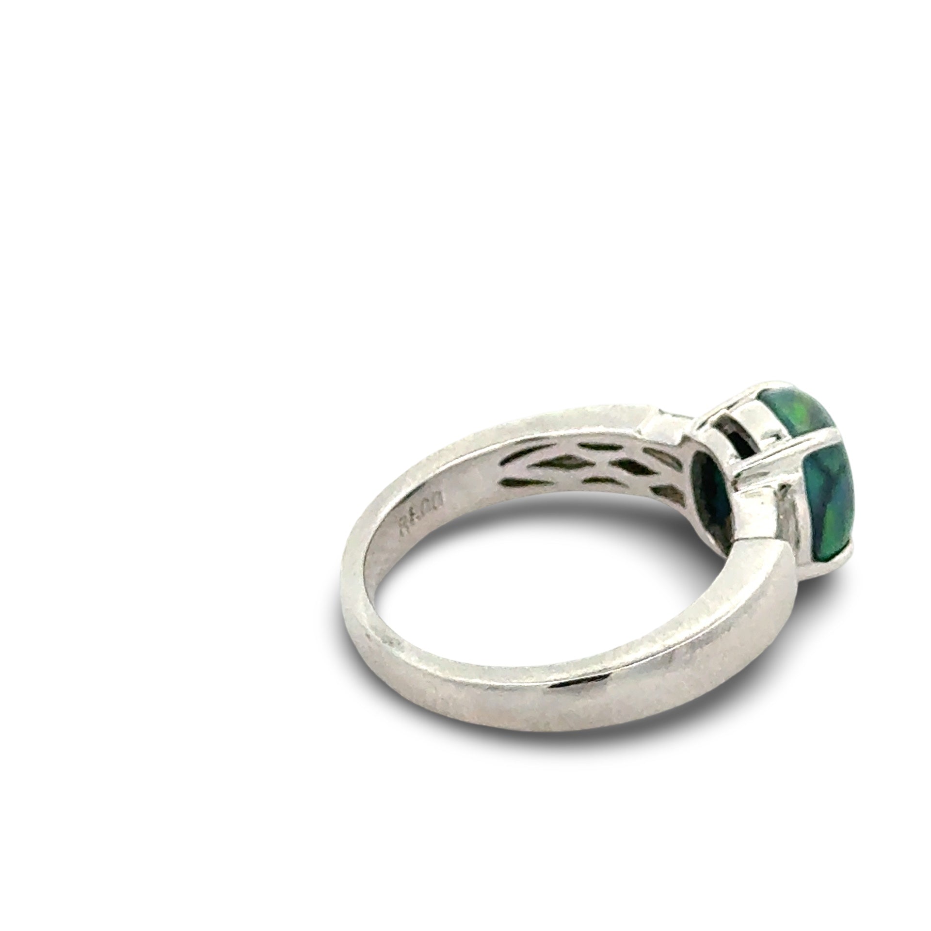Estate Ring, 4 Baguette Cut Diamond 0.38 ct  H-I VS1-VS2,1 Black Opal Cabochon 1.30 ct  BLACK Platinum 7.17g