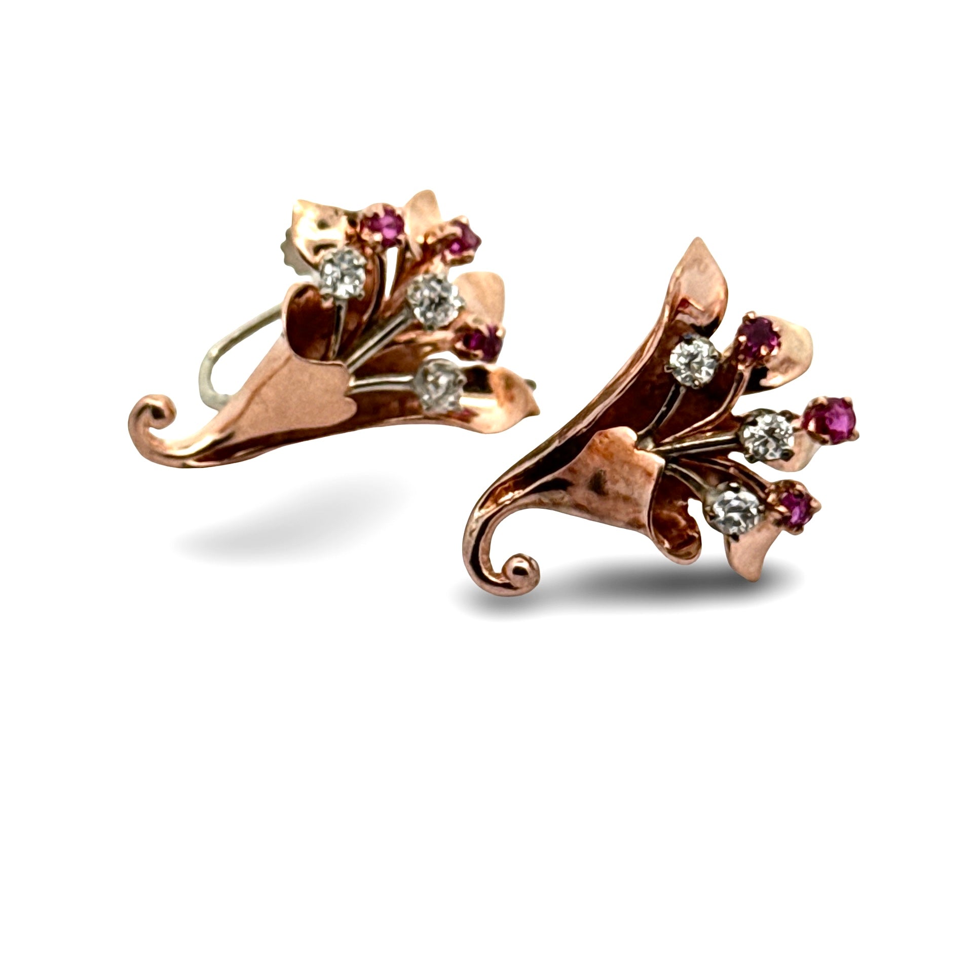 Estate Earrings, 6 Old European Cut Diamond 0.70 ct  G-H VS2-SI1,56 Ruby 0.45 ct  14K White/Rose Gold 9.76g