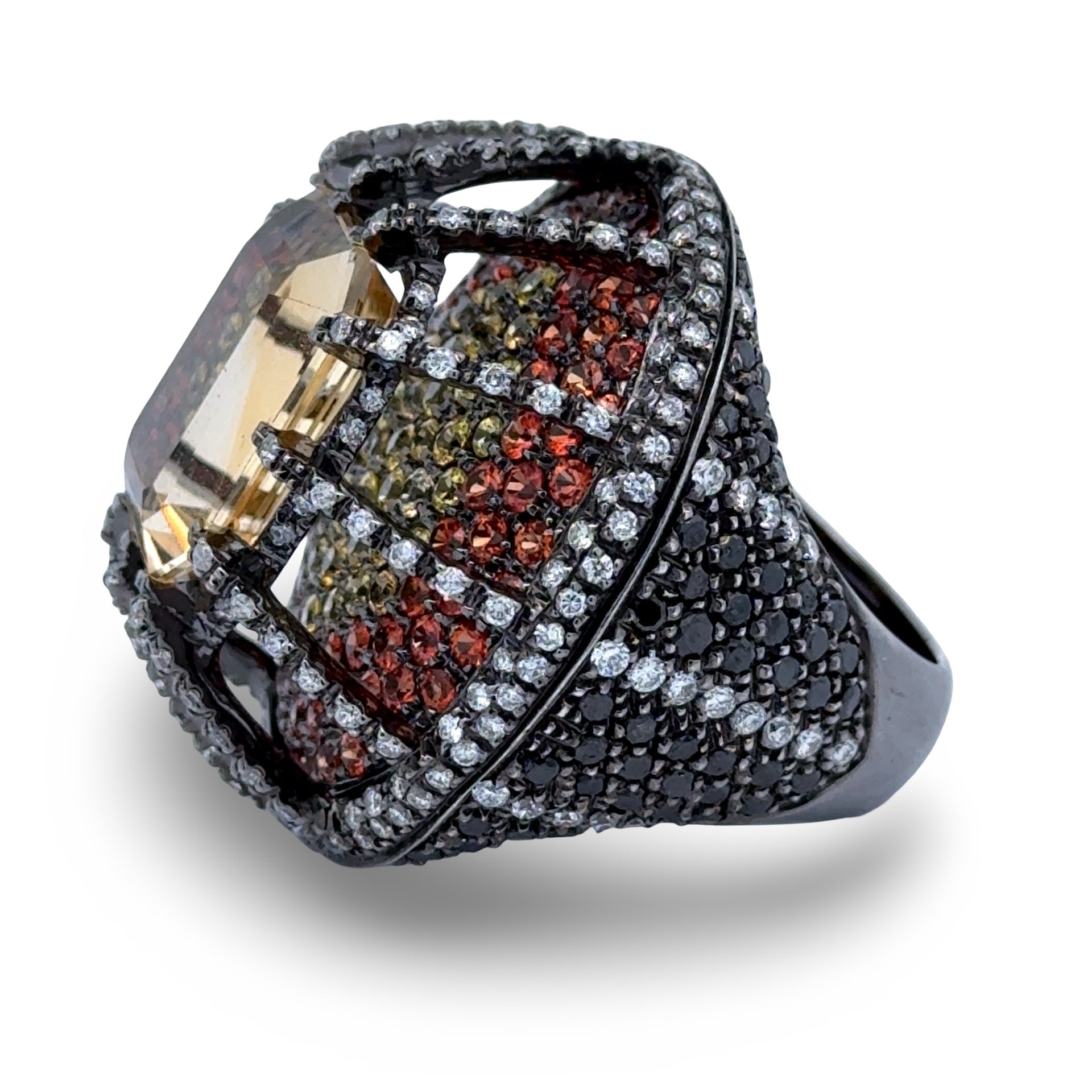 Estate Ring, 1 Citrine Emerald Cut 5.50 ct  #Estimated Weight, RBC Orange Sapphire 7.00 cttw, Black Round Brilliant Cut Diamond 5.00 cttw, Round Brilliant Cut Diamond 3.50 cttw  G-H VS2-SI1, 18K White Gold 27.40g. Size 6