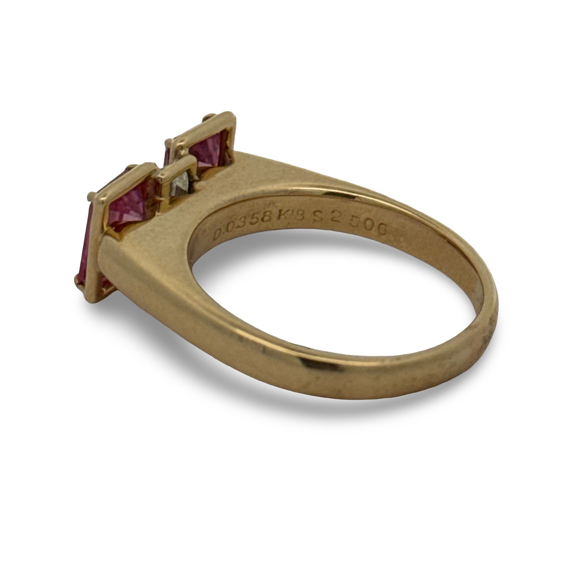 Estate Ring, 2 Emerald Cut Pink Sapphire 2.50 ct 1 Baguette Cut Diamond 0.35 ct  H-I VS2,18K Yellow Gold 8.60g. Size 7