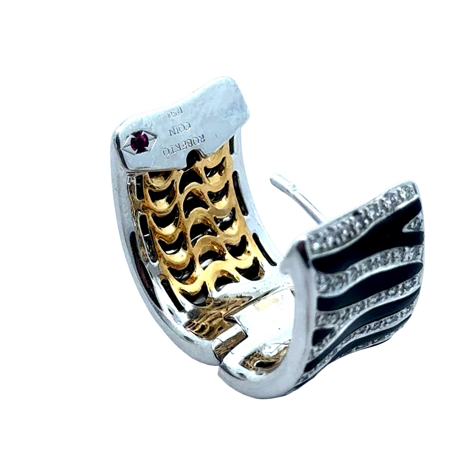 Estate - Roberto Coin Huggies Earrings, Round Brilliant Cut Diamond 0.96 cttw  G-H VS2-SI1, Black Enamel 18K White/Yellow Gold 26.97g