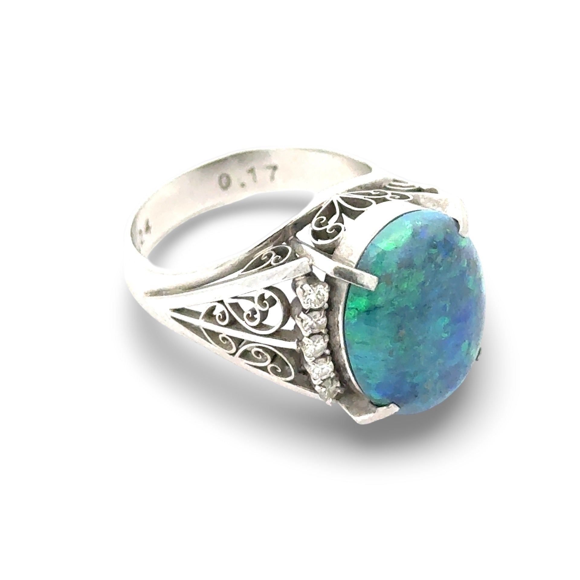 Estate Ring, 10 Round Brilliant Cut Diamond 0.15 ct  H-I VS1-SI2,1 Black Opal Cabochon 4.24 ct  BLACK Platinum 9.78g