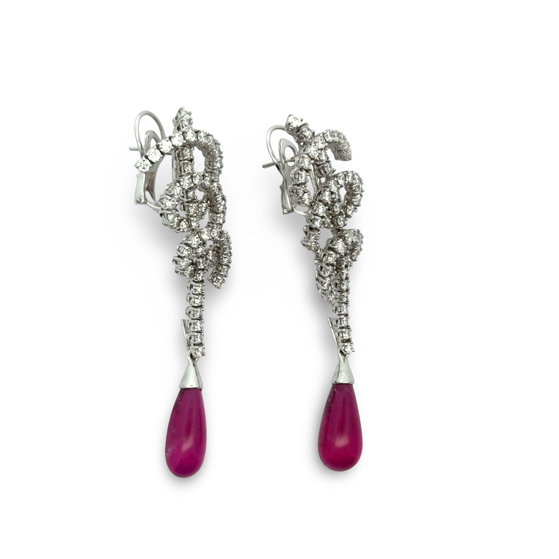 Bergio Earrings, 112 Round Brilliant Cut Diamond 4.27 ct  G-H VS1-VS2,2 Rubellite Cabochon 5.40 ct  18K` White Gold