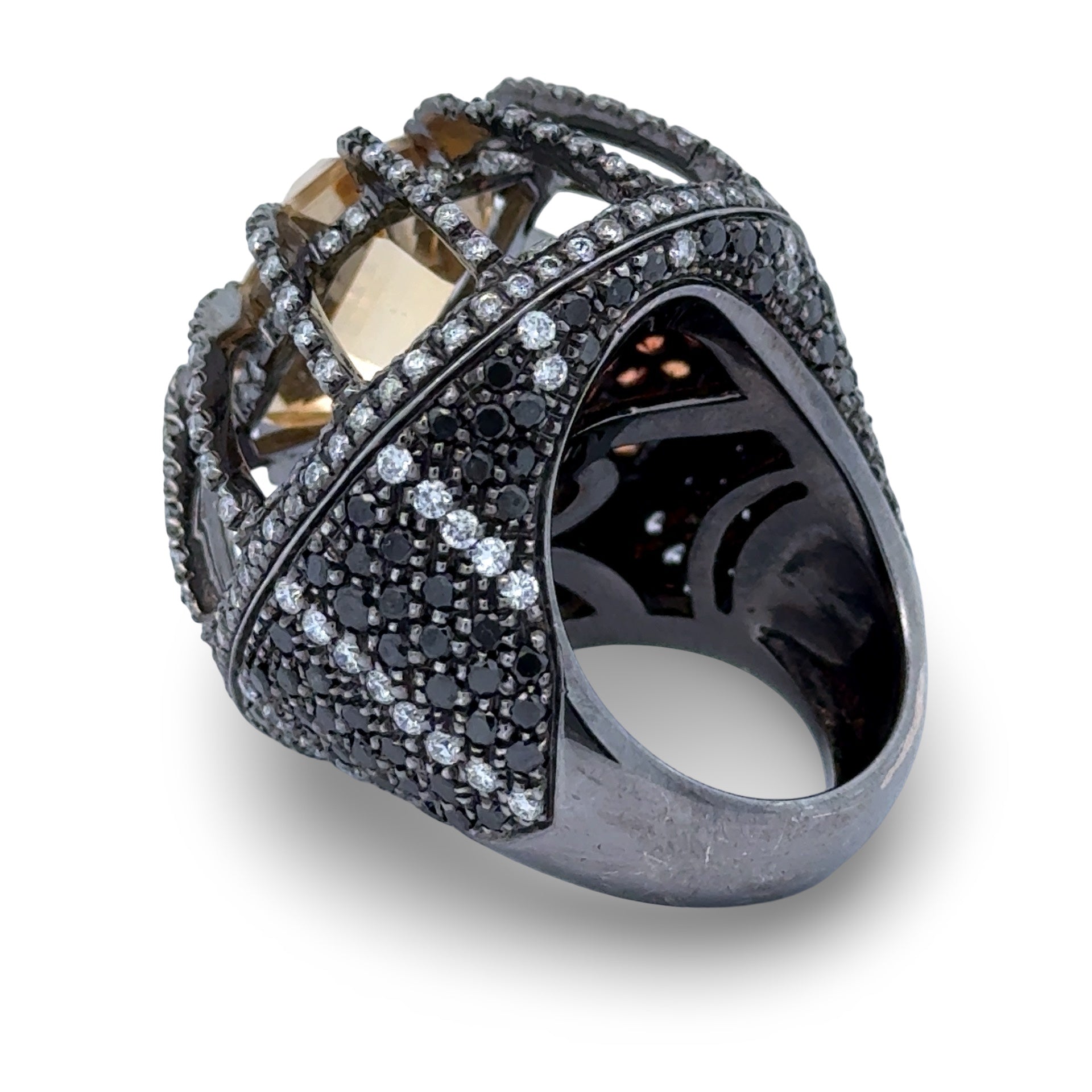 Estate Ring, 1 Citrine Emerald Cut 5.50 ct  #Estimated Weight, RBC Orange Sapphire 7.00 cttw, Black Round Brilliant Cut Diamond 5.00 cttw, Round Brilliant Cut Diamond 3.50 cttw  G-H VS2-SI1, 18K White Gold 27.40g. Size 6