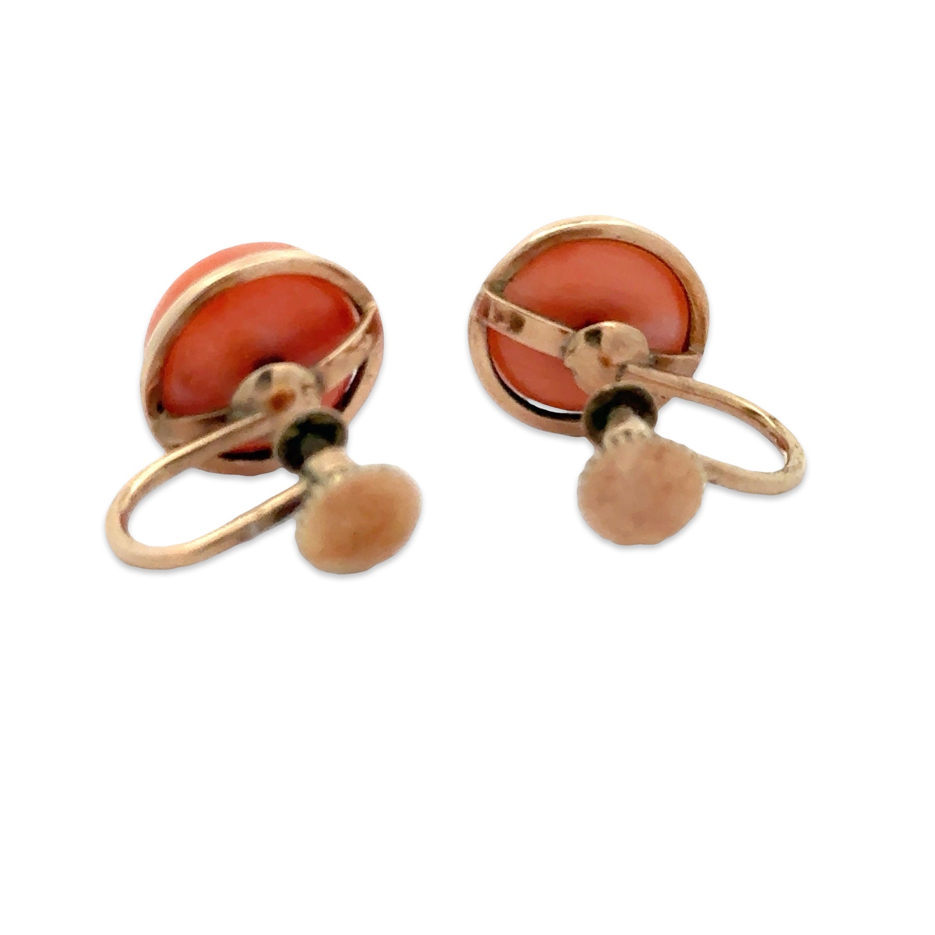 Estate Earrings, 2 Coral Cabochon, 14K Yellow Gold 4.50g