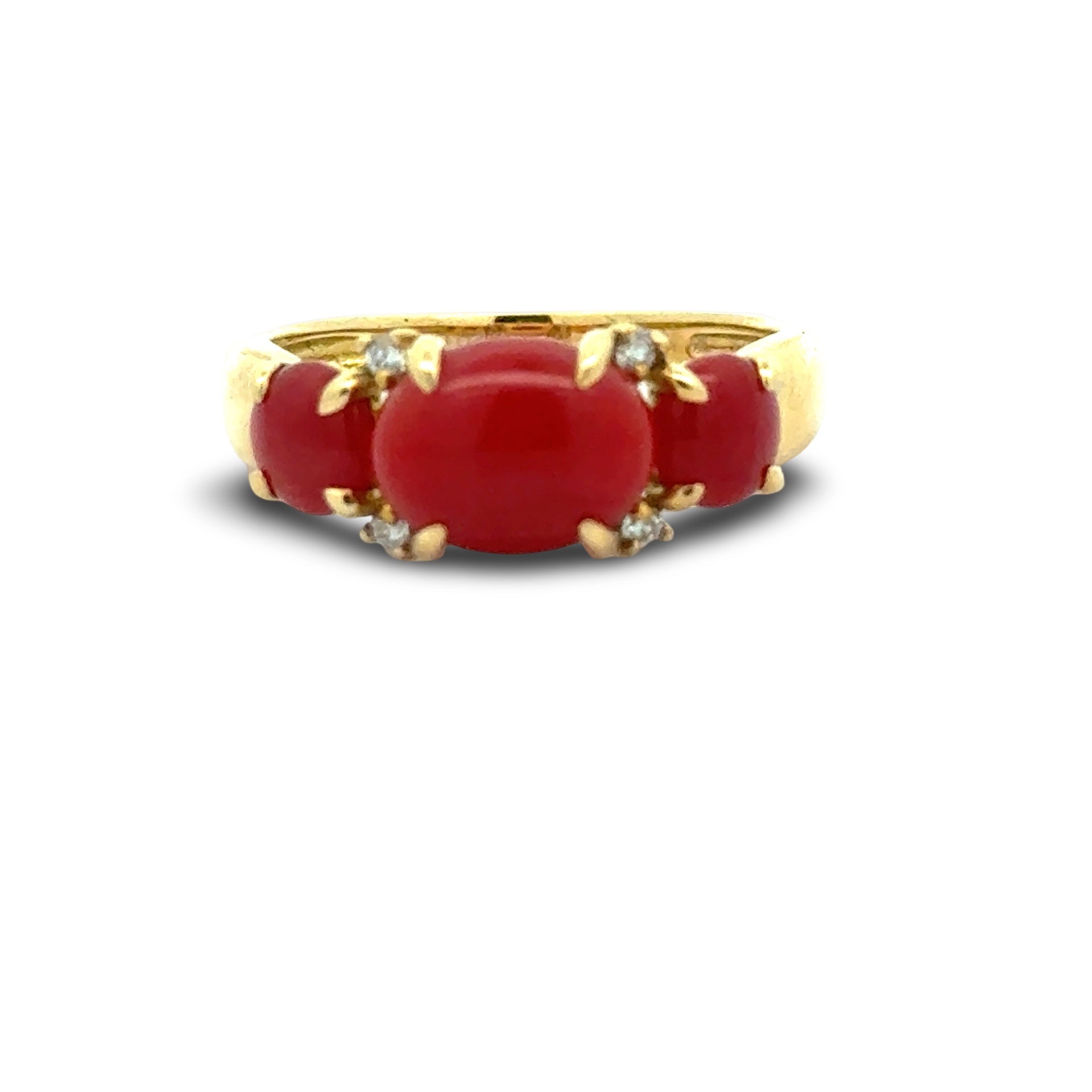 Estate Ring, 4 Round Diamond 0.04 ct  I-J VS1-VS2,3 Coral Cabochon 2.20 ct  18K` Yellow Gold 3.70g