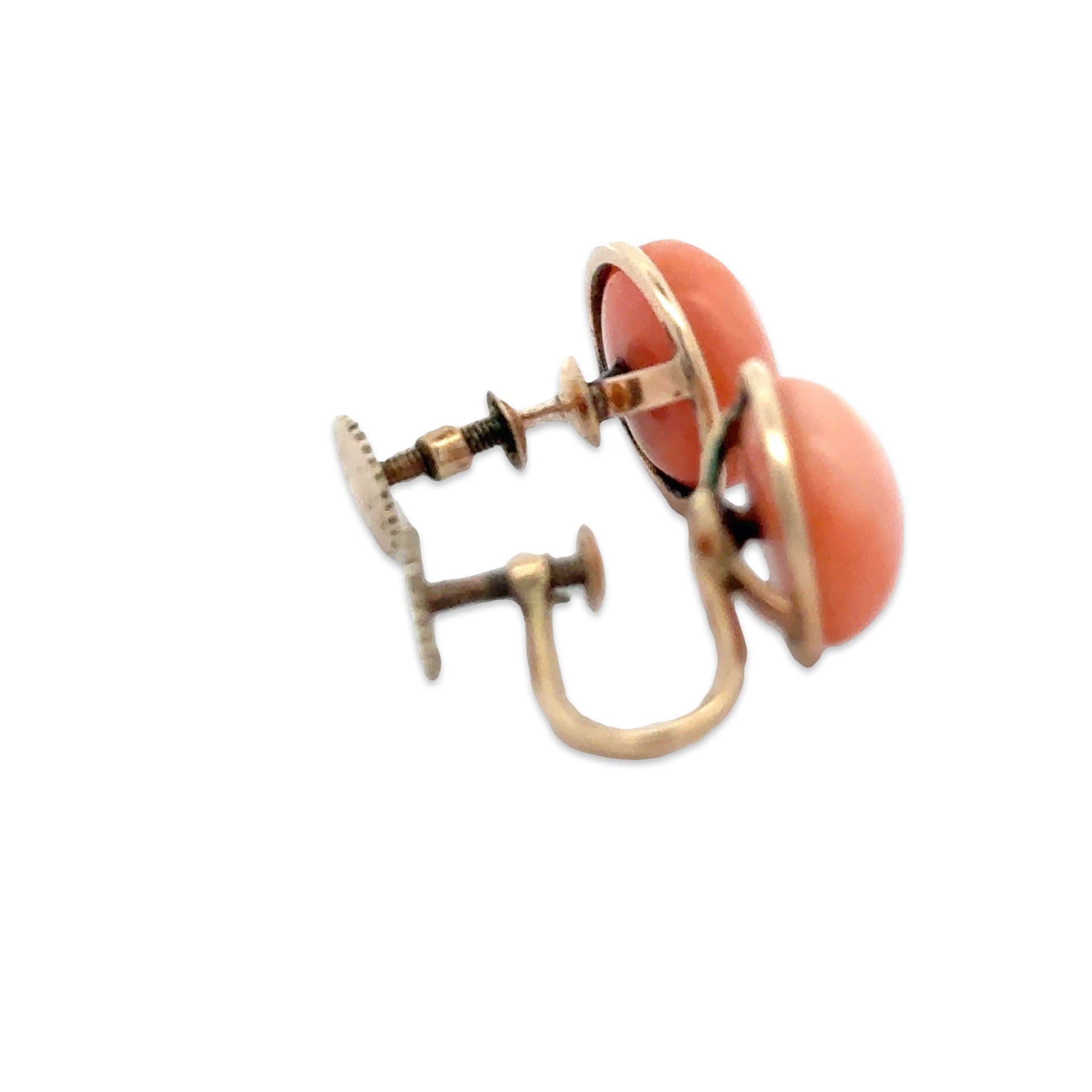 Estate Earrings, 2 Coral Cabochon, 14K Yellow Gold 4.50g
