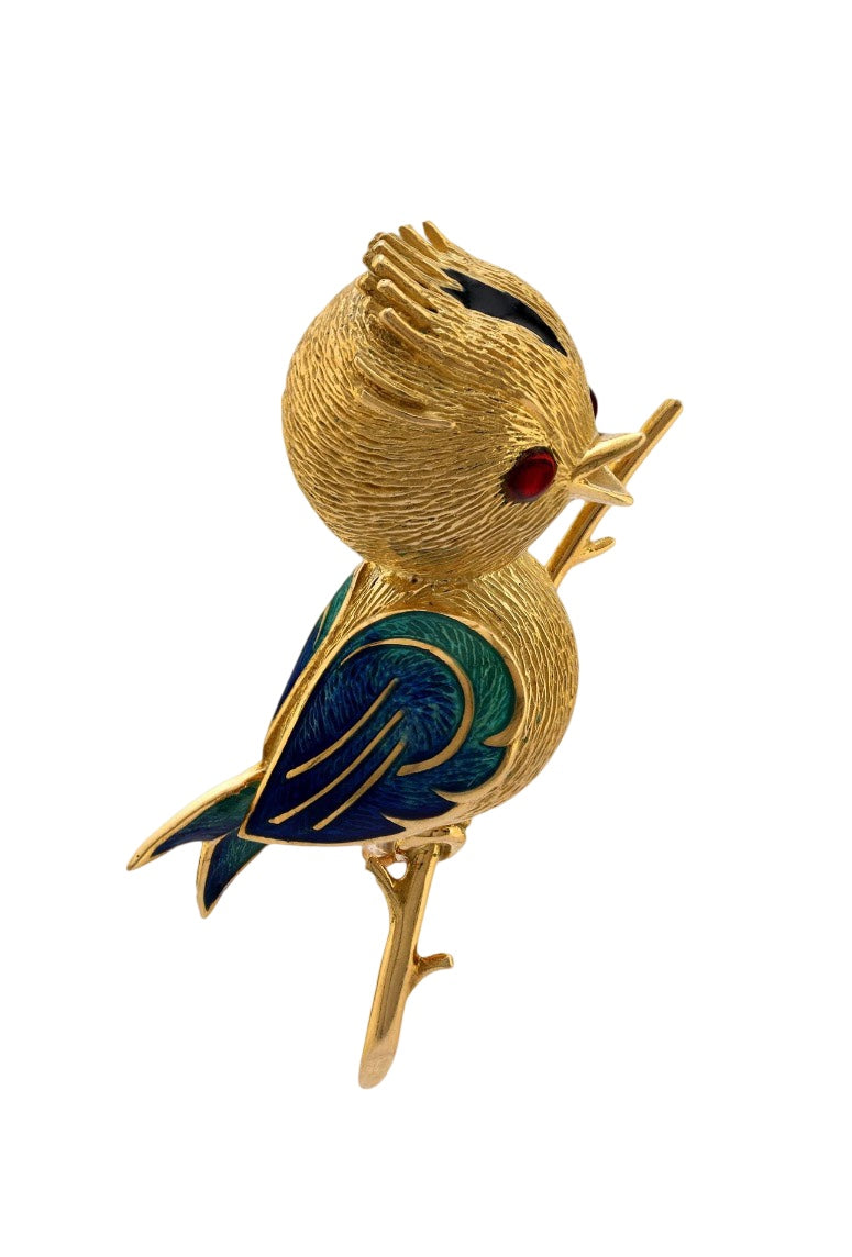 Estate Osprey Brooch/Pendant,2 Garnet Cabochon 0.20 cttw.  Red, Enamel Green-Black Blue 18K Yellow Gold 10.52g