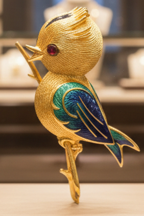 Estate Osprey Brooch/Pendant,2 Garnet Cabochon 0.20 cttw.  Red, Enamel Green-Black Blue 18K Yellow Gold 10.52g