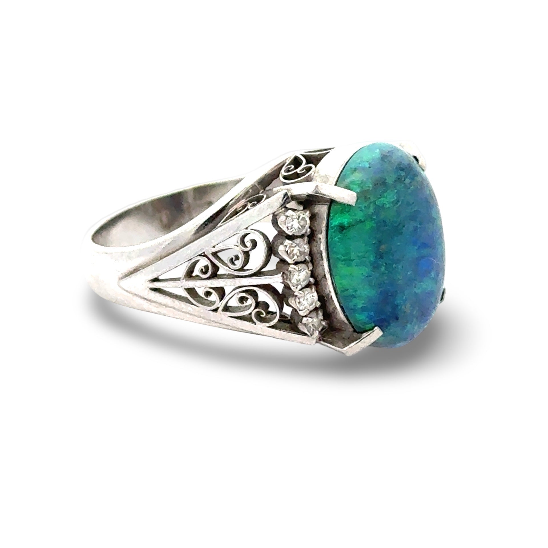 Estate Ring, 10 Round Brilliant Cut Diamond 0.15 ct  H-I VS1-SI2,1 Black Opal Cabochon 4.24 ct  BLACK Platinum 9.78g