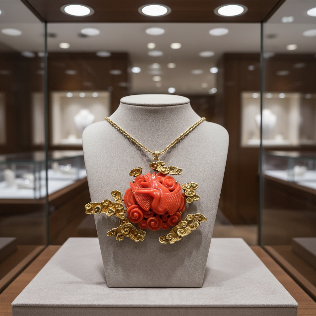 Estate Necklace Coral Free Form 14K Yellow Gold 19.03g, Chain length 17