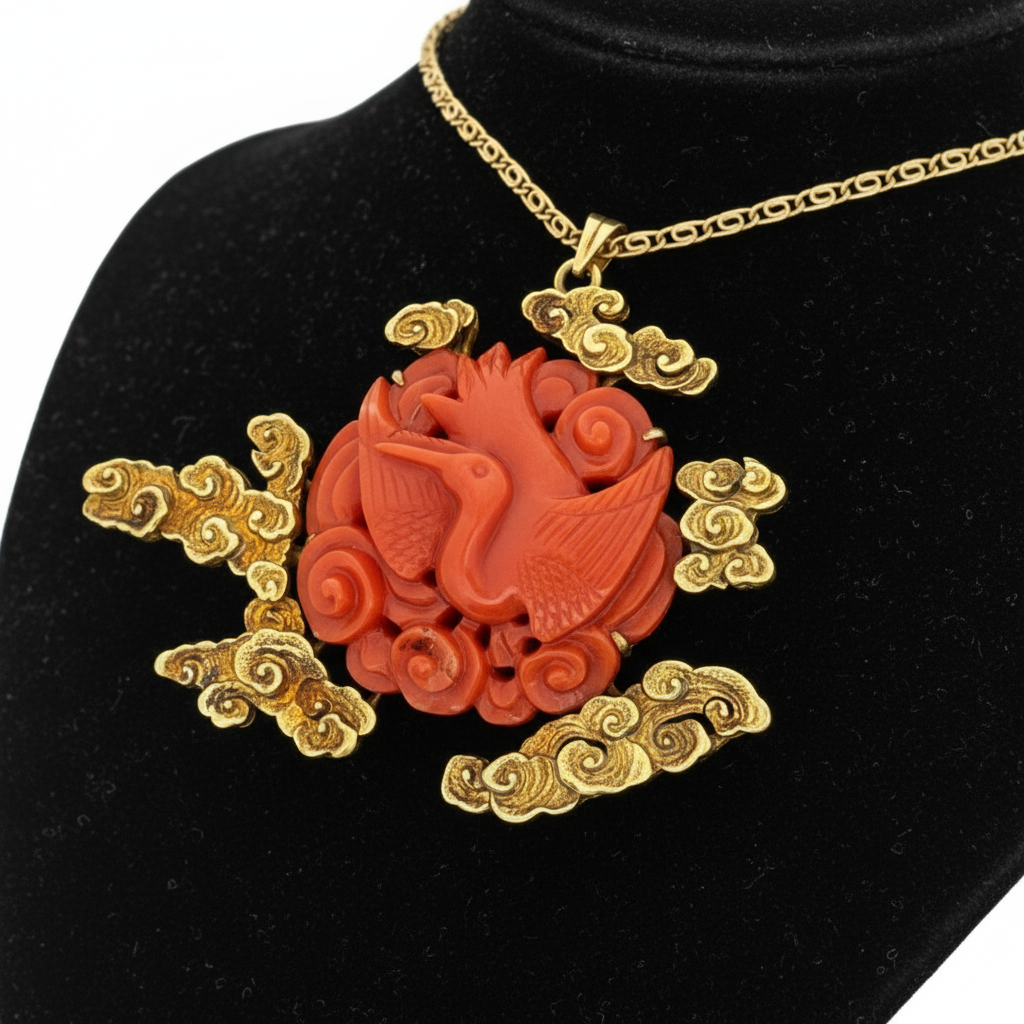 Estate Necklace Coral Free Form 14K Yellow Gold 19.03g, Chain length 17"
