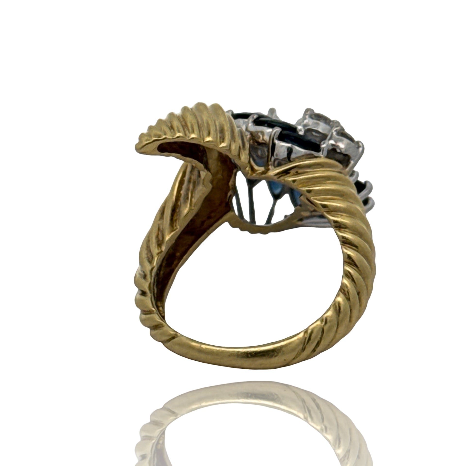 Estate 1970's Ring, 8 Round Brilliant Cut Diamond 1.20 cttw G-H VS1-VS2 and 1.70 cttw Marquise Cut Sapphire, 14K White/Yellow Gold 10.63g. Size 6.5