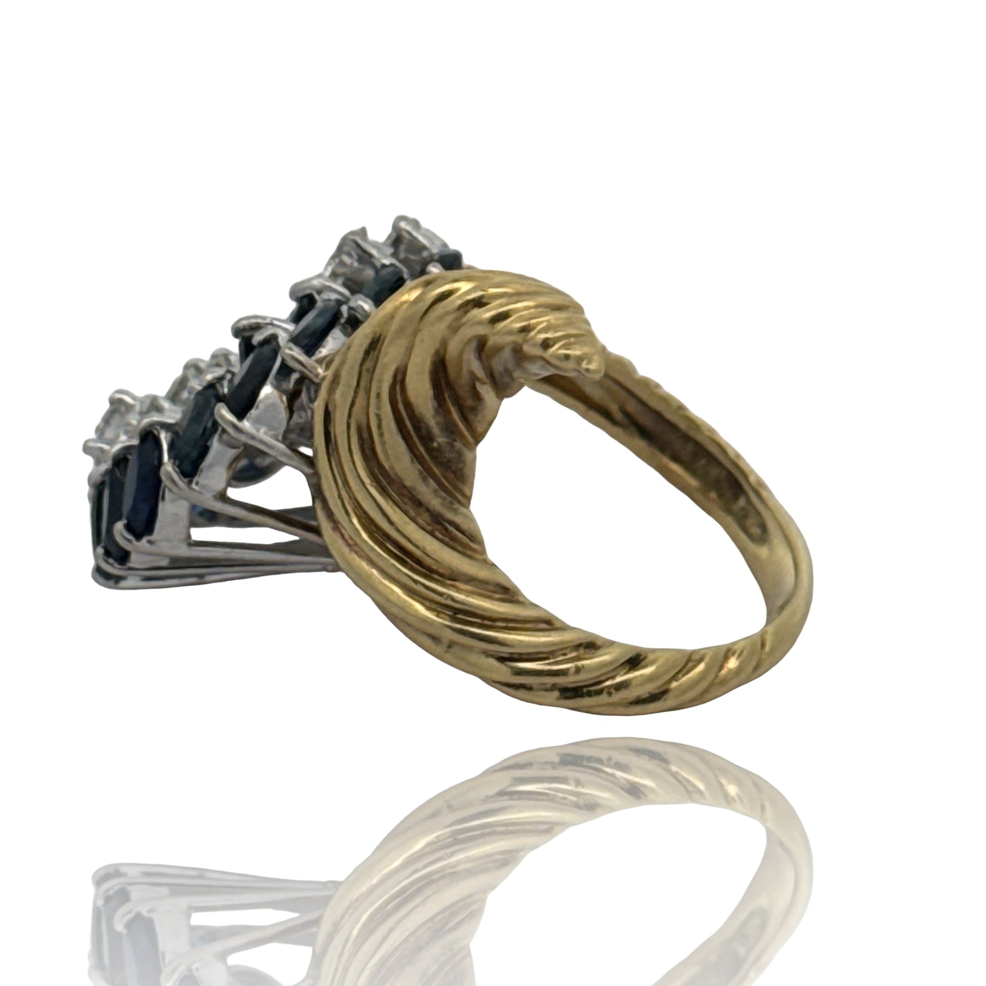Estate 1970's Ring, 8 Round Brilliant Cut Diamond 1.20 cttw G-H VS1-VS2 and 1.70 cttw Marquise Cut Sapphire, 14K White/Yellow Gold 10.63g. Size 6.5