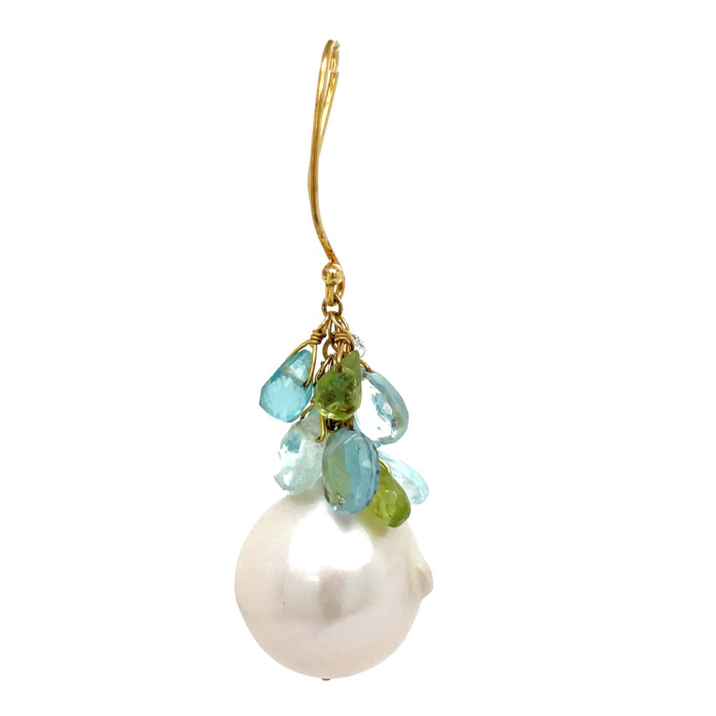 Estate Dangle Earrings, South Sea Pearl 15.83mm/15.73mm, Mixed Cut Blue Topaz, 14K Yellow Gold 4.00g