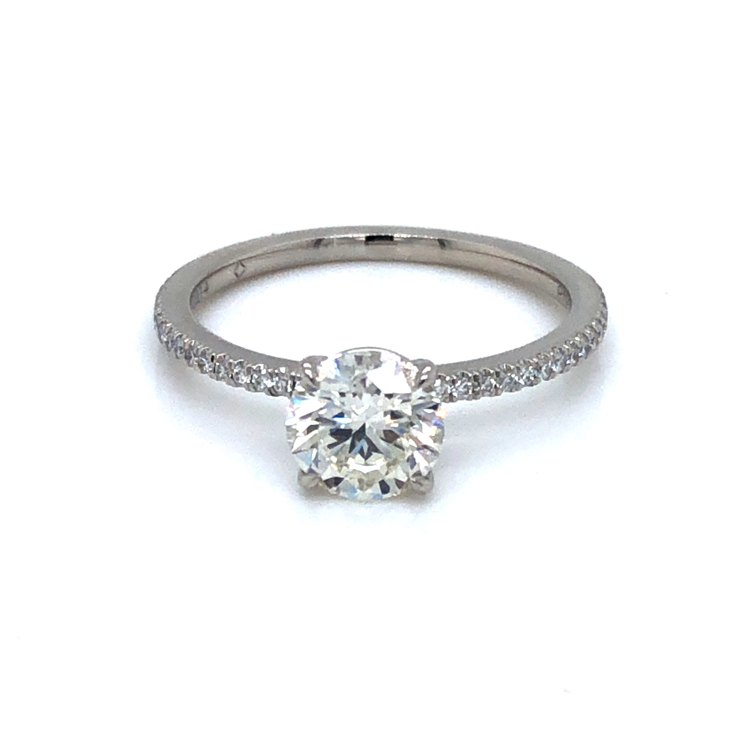 Platinum Engagement Ring With One 1.05Ct Round Brilliant J VS2 ForeverMark Diamond And 34=0.12Tw Round Brilliant G VS Diamonds